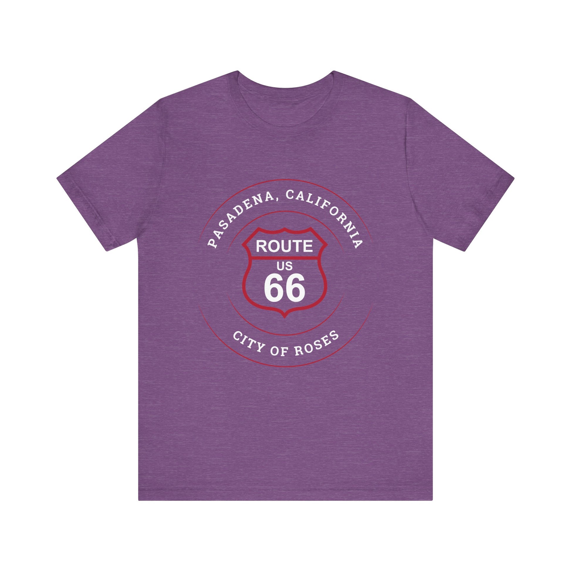 Heather team purple retro Route 66 unisex jersey tee with Pasadena, CA: "City of Roses" design