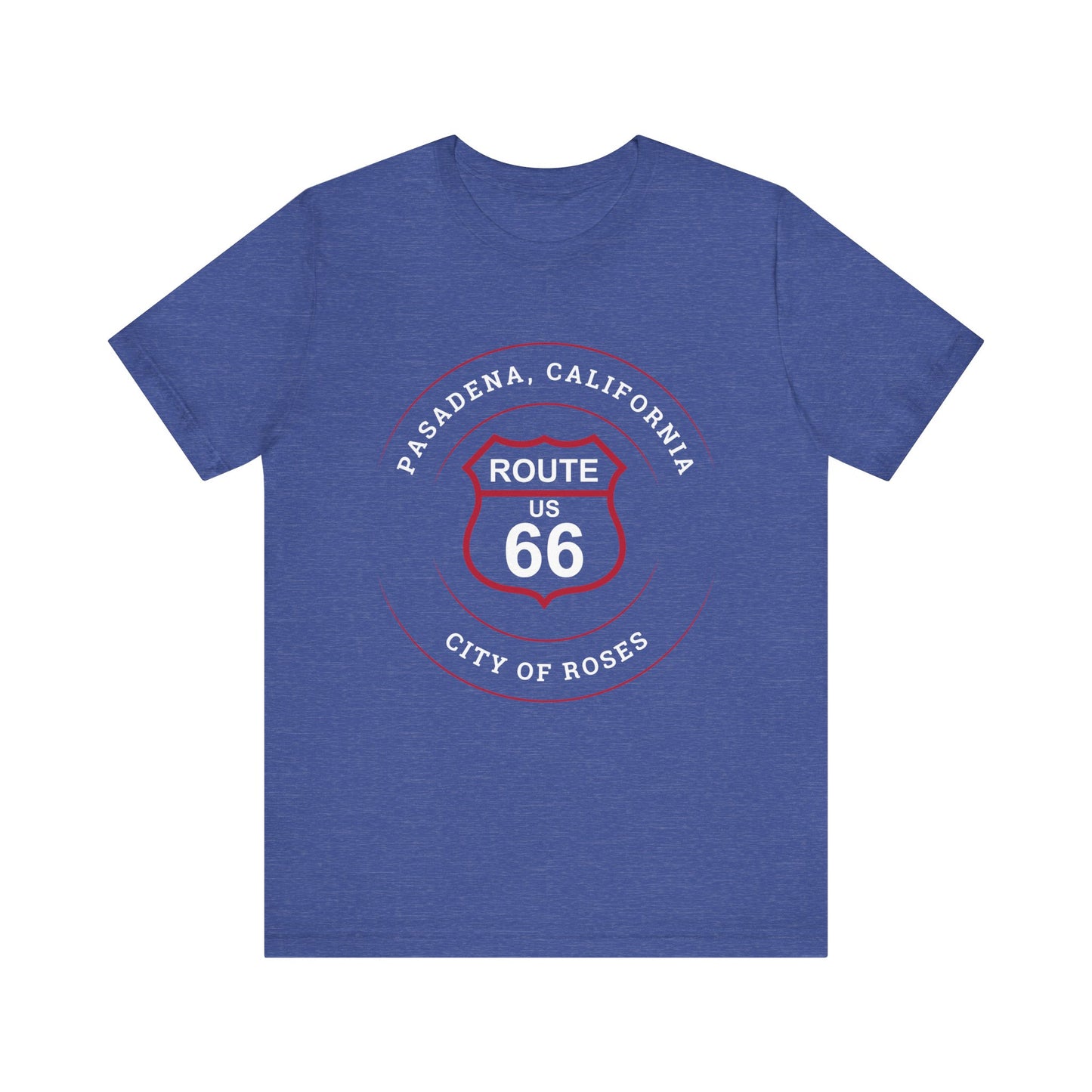 Heather true royal retro Route 66 unisex jersey tee with Pasadena, CA: "City of Roses" design