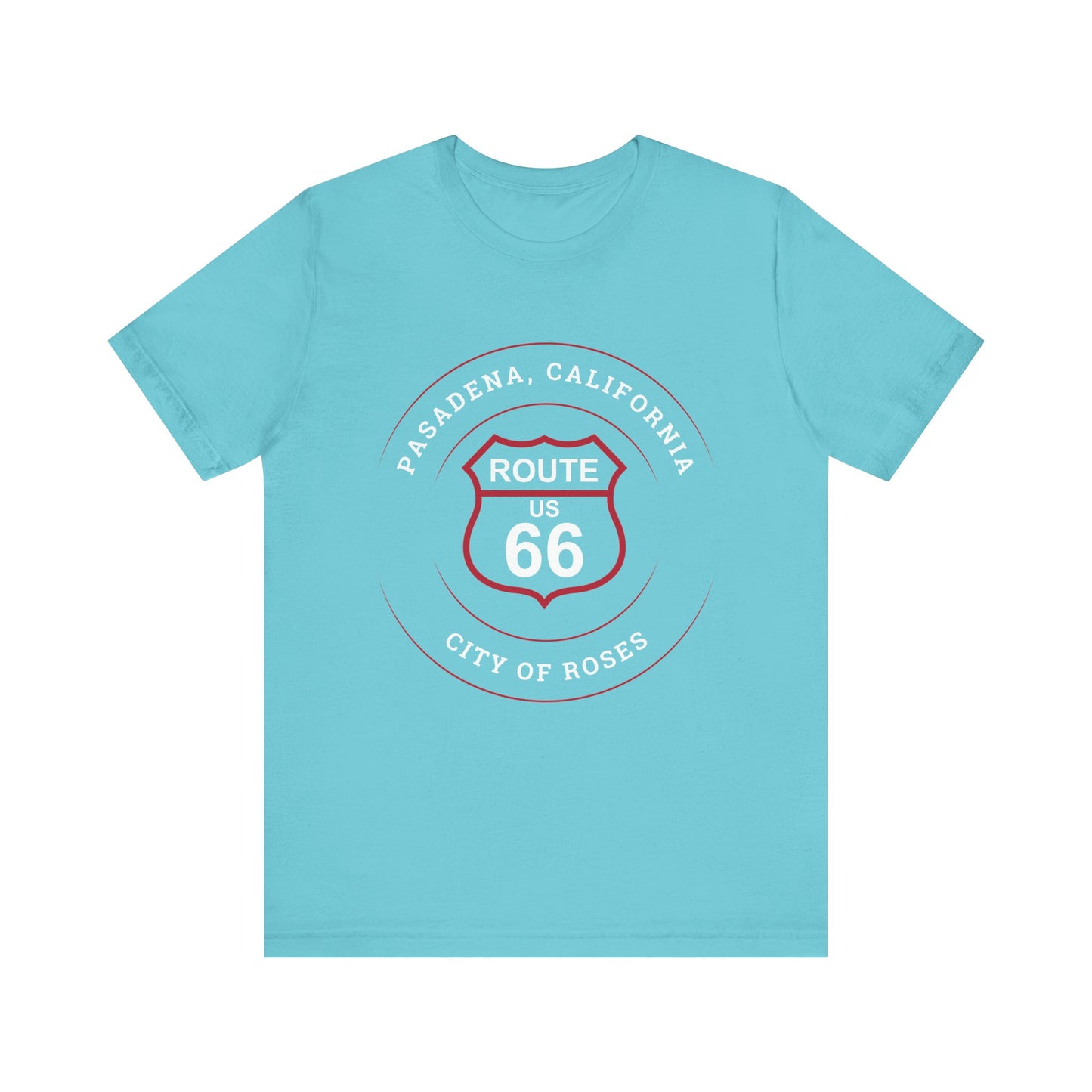 Turquoise retro Route 66 unisex jersey tee with Pasadena, CA: "City of Roses" design