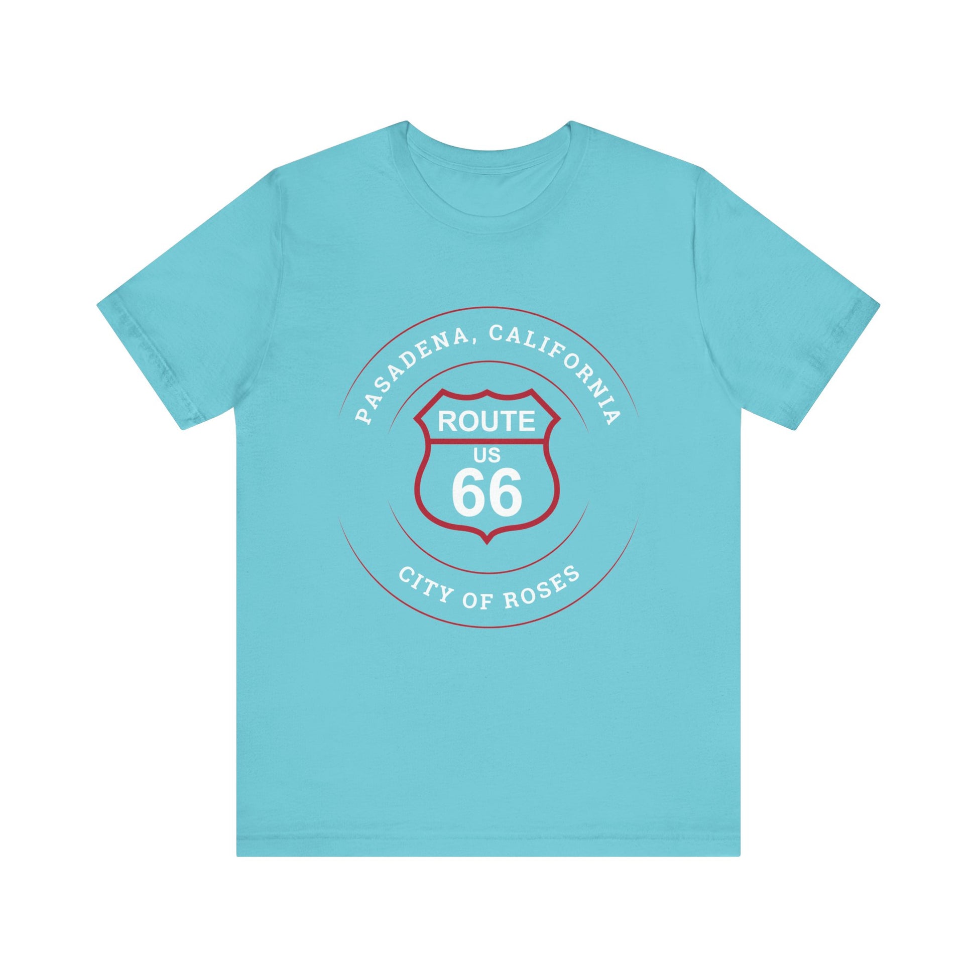 Turquoise retro Route 66 unisex jersey tee with Pasadena, CA: "City of Roses" design