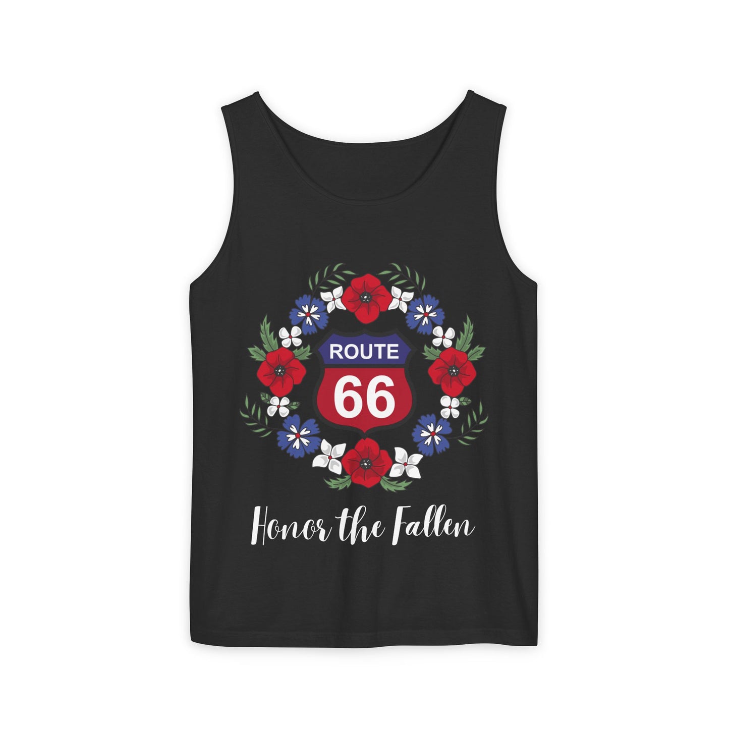 Flat lay of black Route 66 "Honor the Fallen" unisex jersey tee with patriotic floral wreath design
