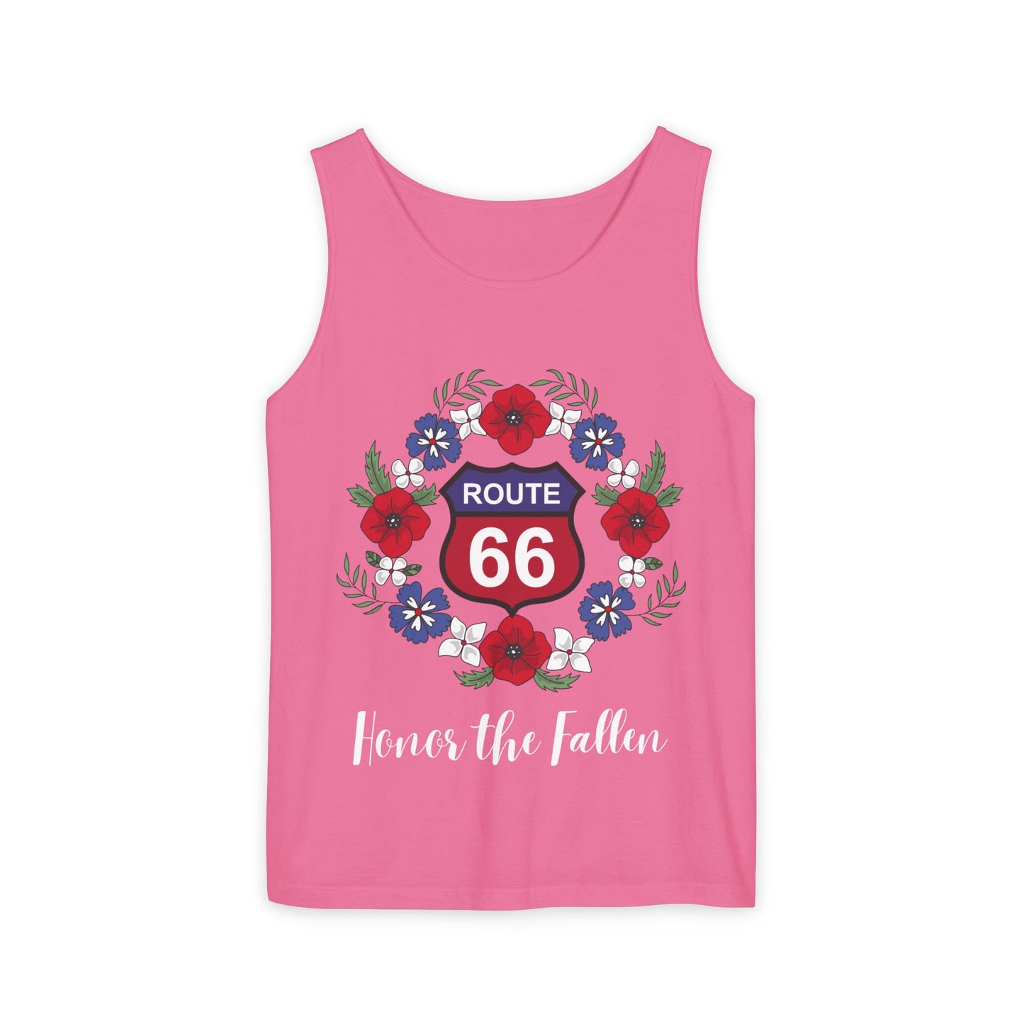 Flat lay of crunchberry Route 66 "Honor the Fallen" unisex jersey tee with patriotic floral wreath design
