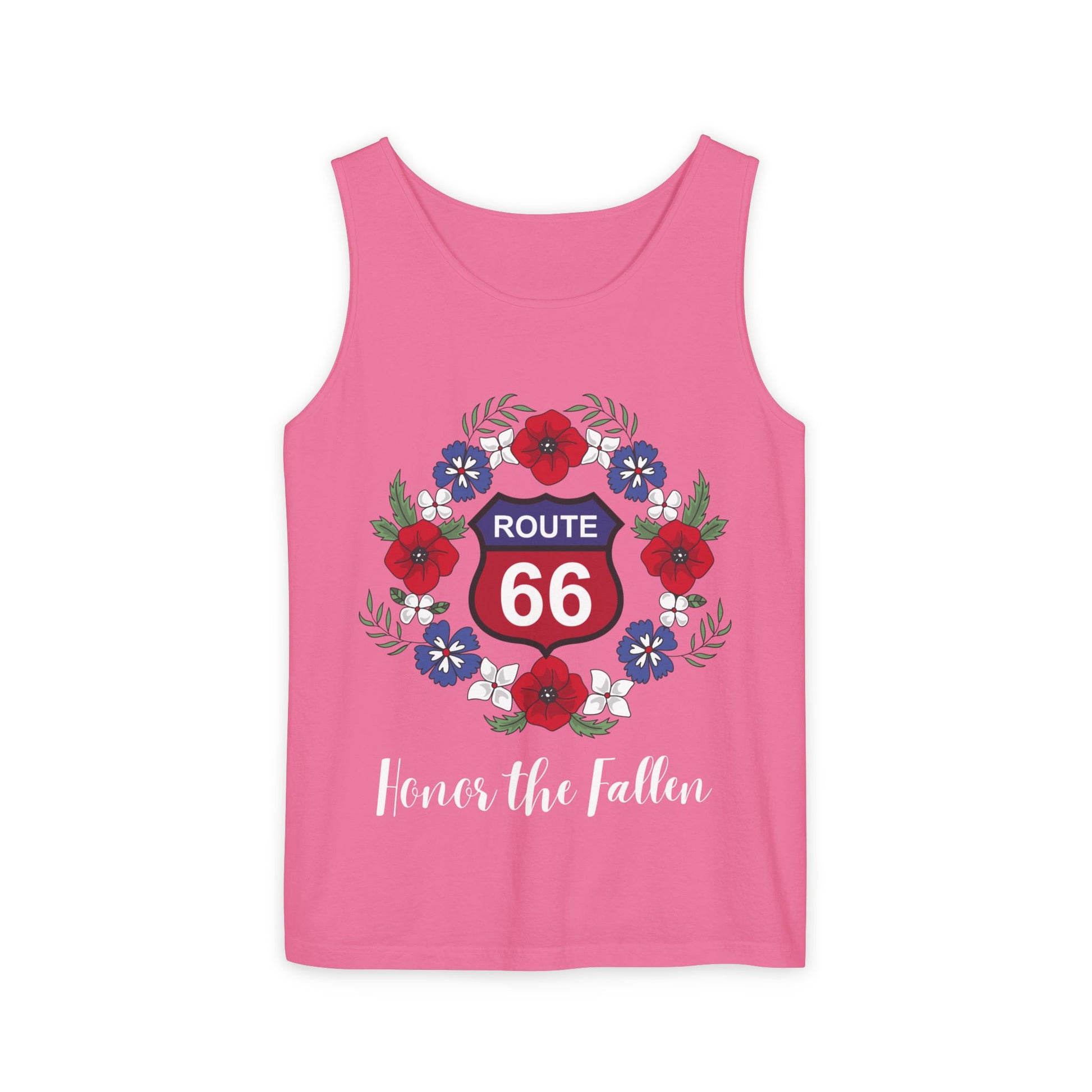 Flat lay of crunchberry Route 66 "Honor the Fallen" unisex jersey tee with patriotic floral wreath design