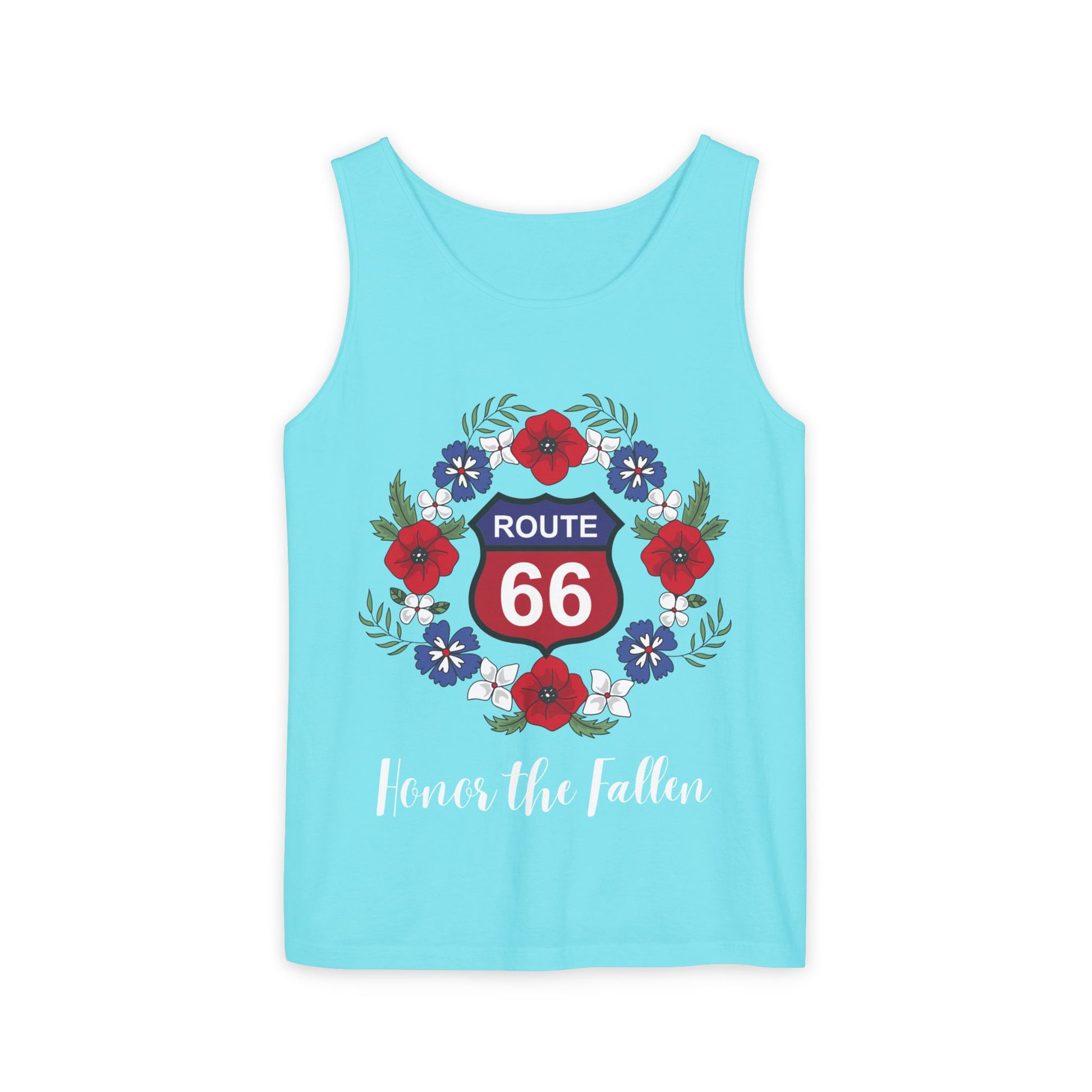 Flat lay of lagoon blue Route 66 "Honor the Fallen" unisex jersey tee with patriotic floral wreath design