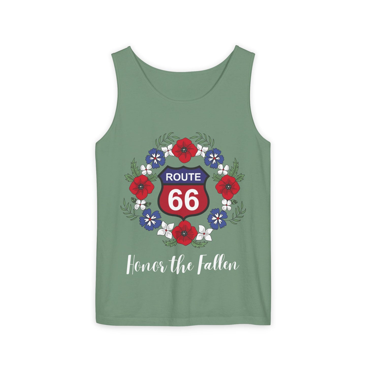 Flat lay of light green Route 66 "Honor the Fallen" unisex jersey tee with patriotic floral wreath design