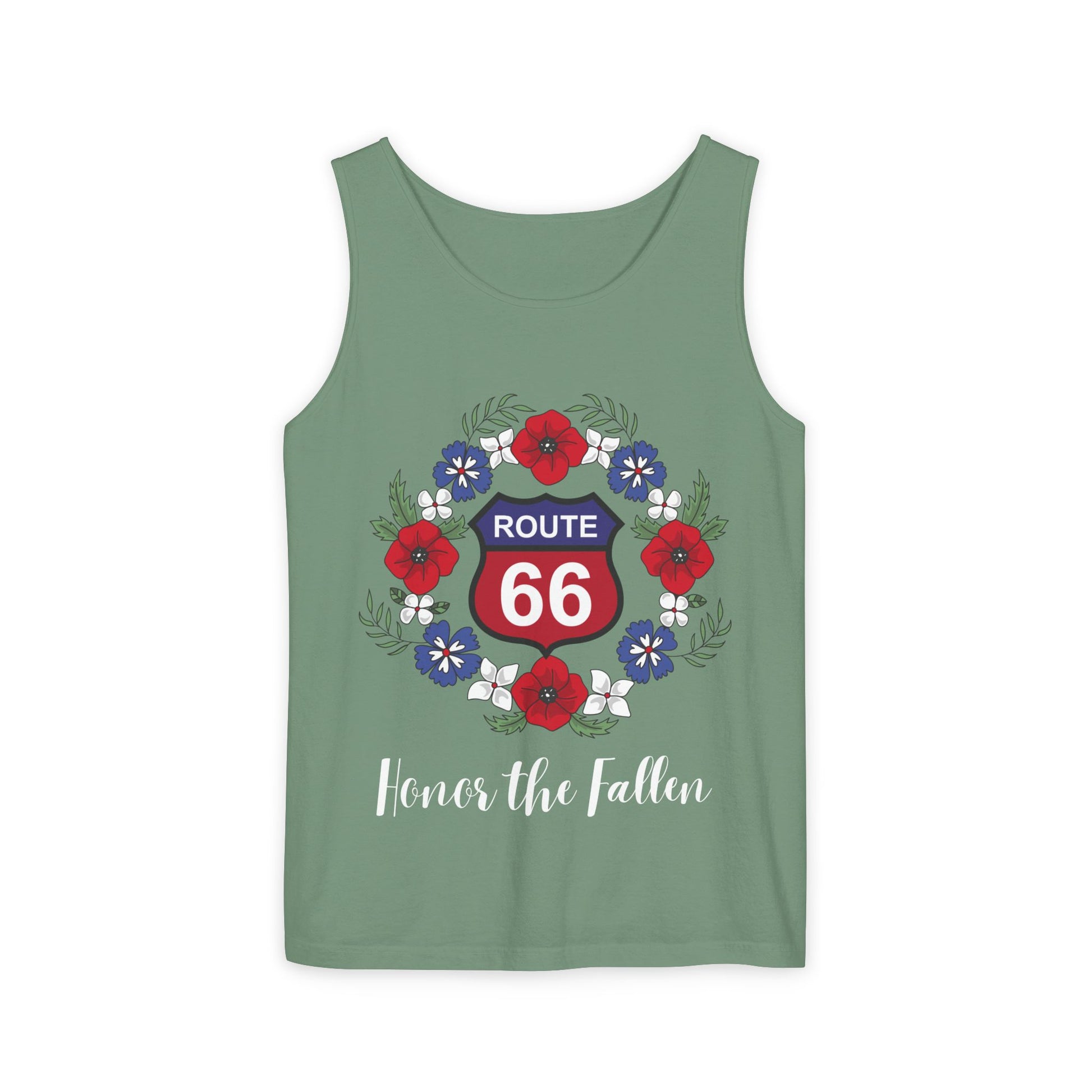 Flat lay of light green Route 66 "Honor the Fallen" unisex jersey tee with patriotic floral wreath design
