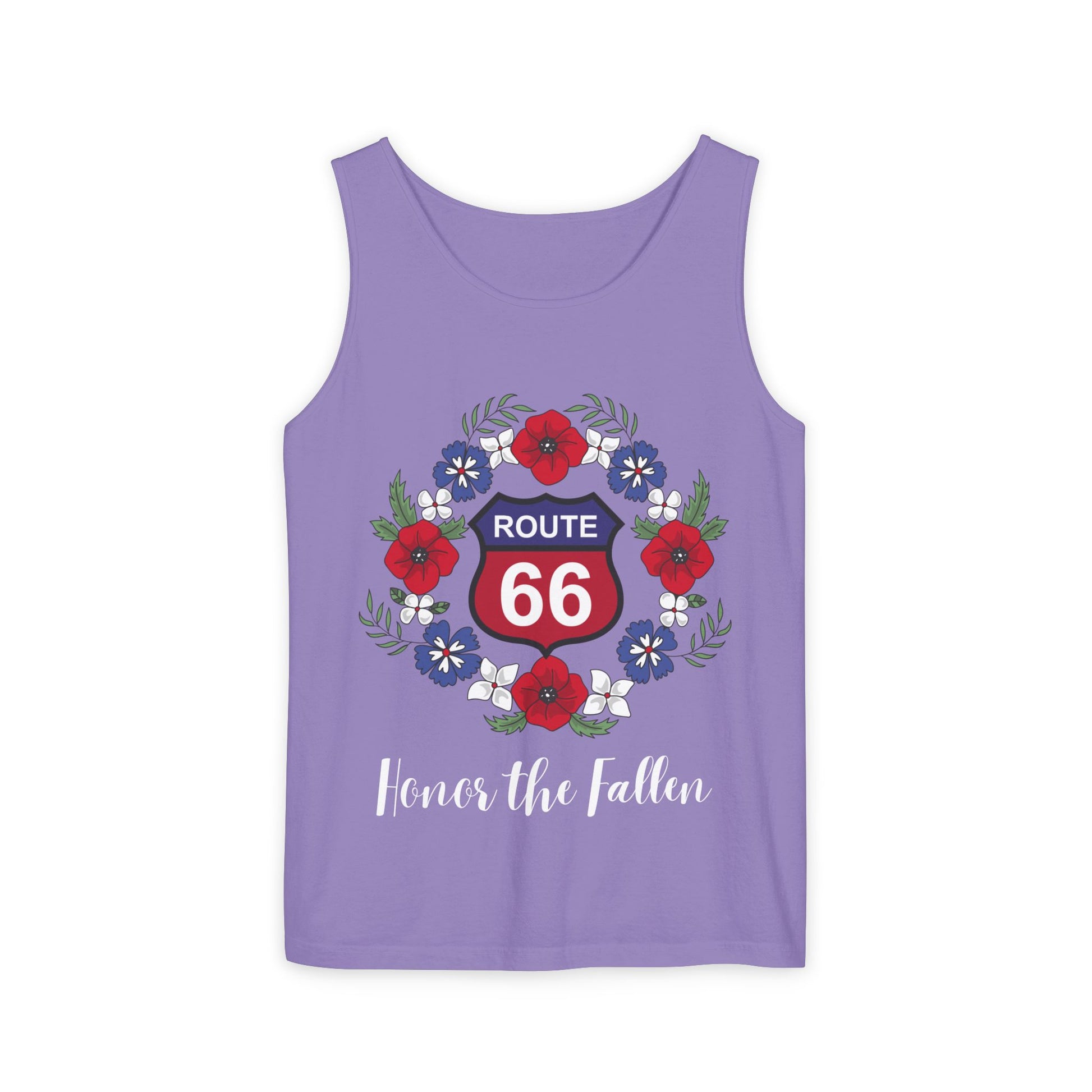 Flat lay of violet Route 66 "Honor the Fallen" unisex jersey tee with patriotic floral wreath design