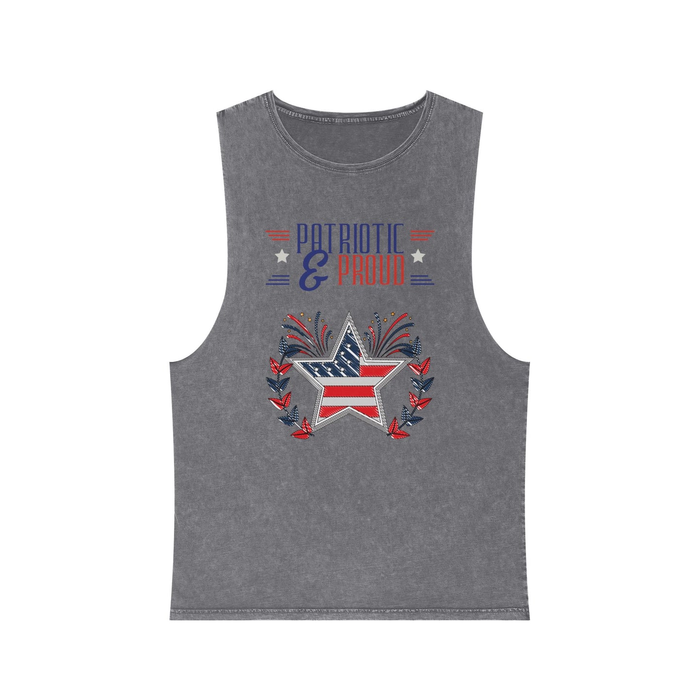 Flatlay of ash stone Patriotic & Proud stonewash tank top featuring USA flag star and fireworks design – stylish vintage patriotic summer apparel.