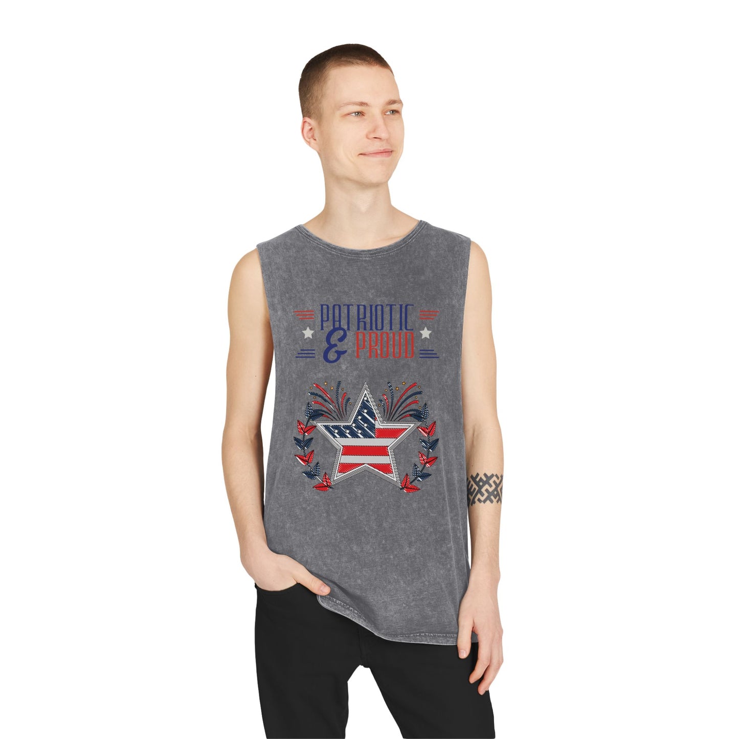 Man modeling Patriotic & Proud stonewash muscle tank with American flag star and fireworks graphic – casual USA pride outfit for Independence Day.
