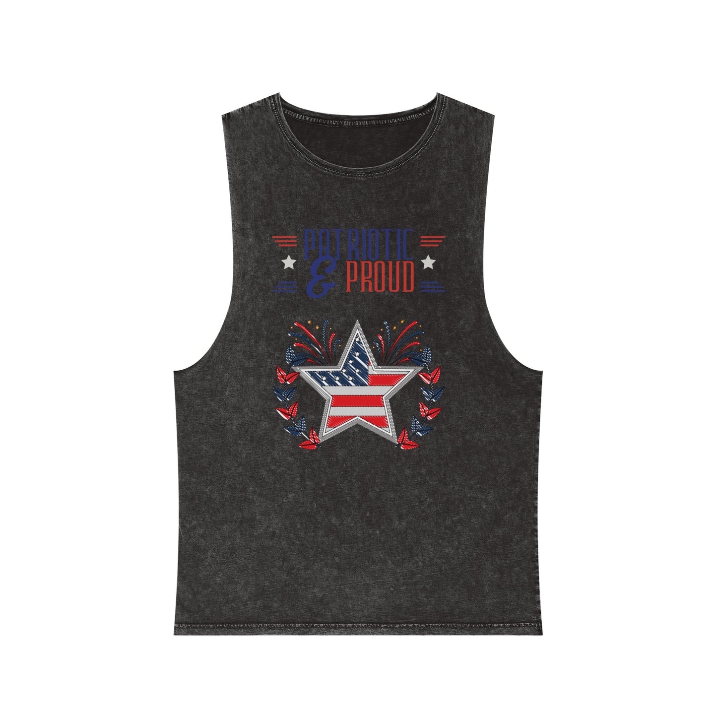 Flatlay of black stone Patriotic & Proud stonewash tank top featuring USA flag star and fireworks design – stylish vintage patriotic summer apparel.