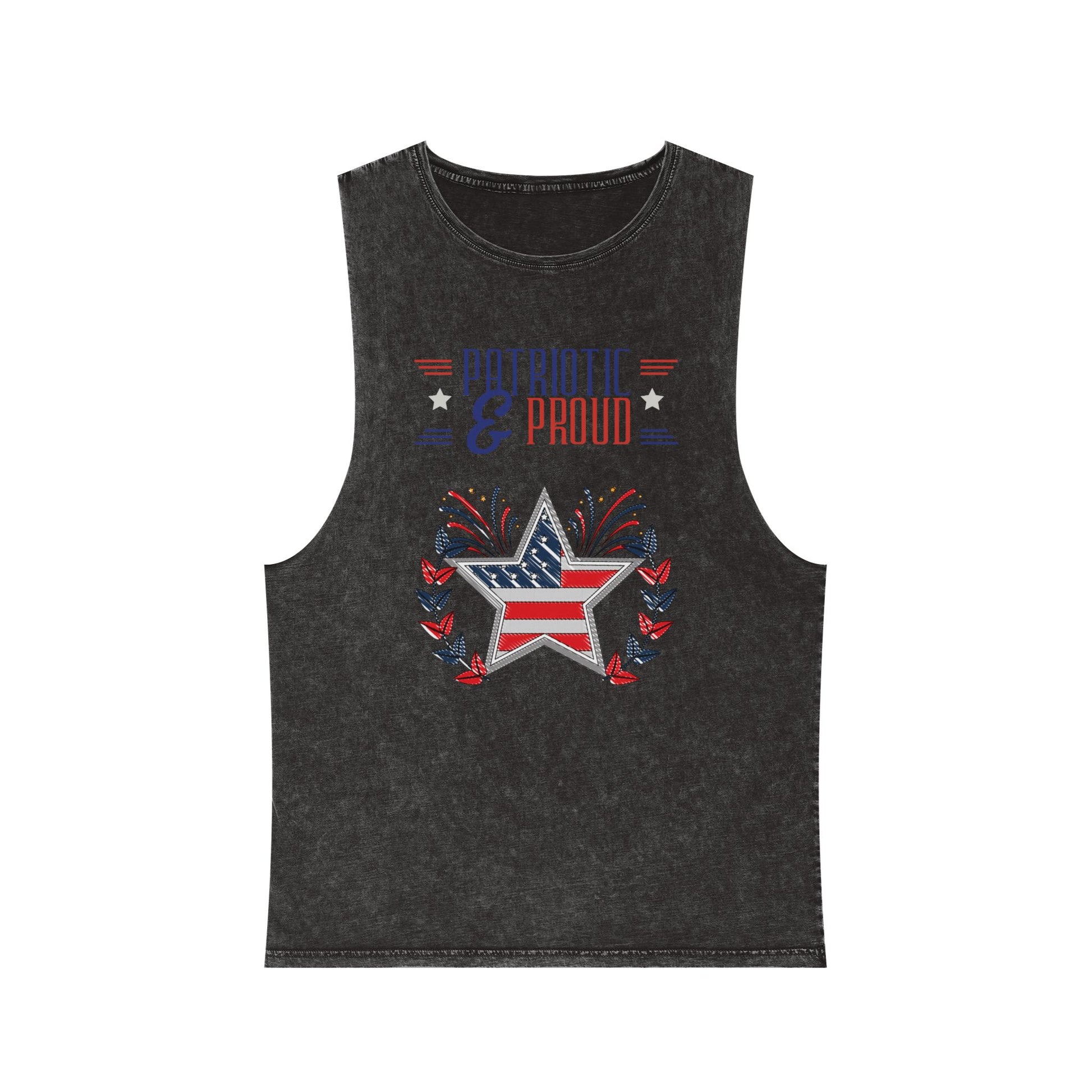Flatlay of black stone Patriotic & Proud stonewash tank top featuring USA flag star and fireworks design – stylish vintage patriotic summer apparel.