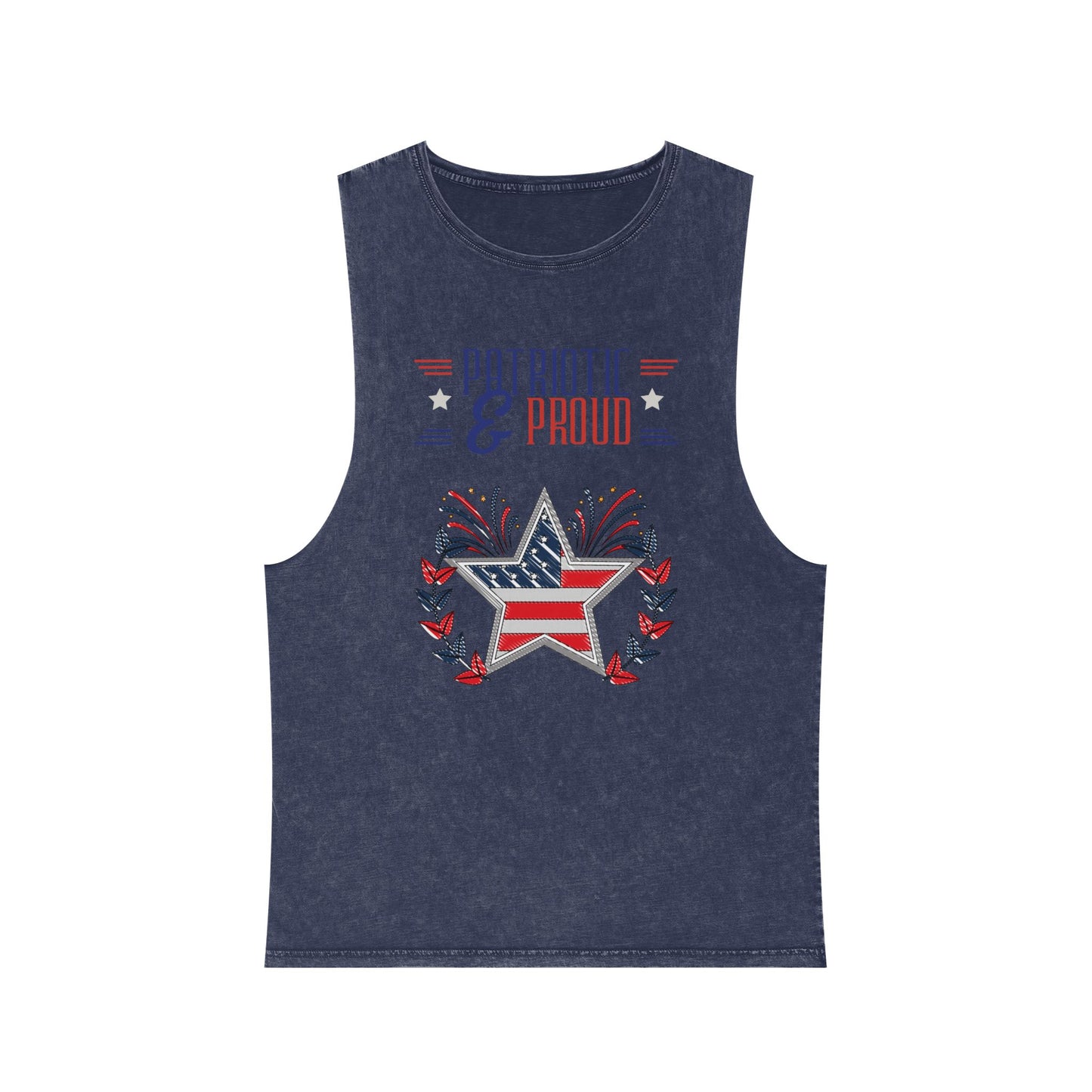 Flatlay of blue stone Patriotic & Proud stonewash tank top featuring USA flag star and fireworks design – stylish vintage patriotic summer apparel.