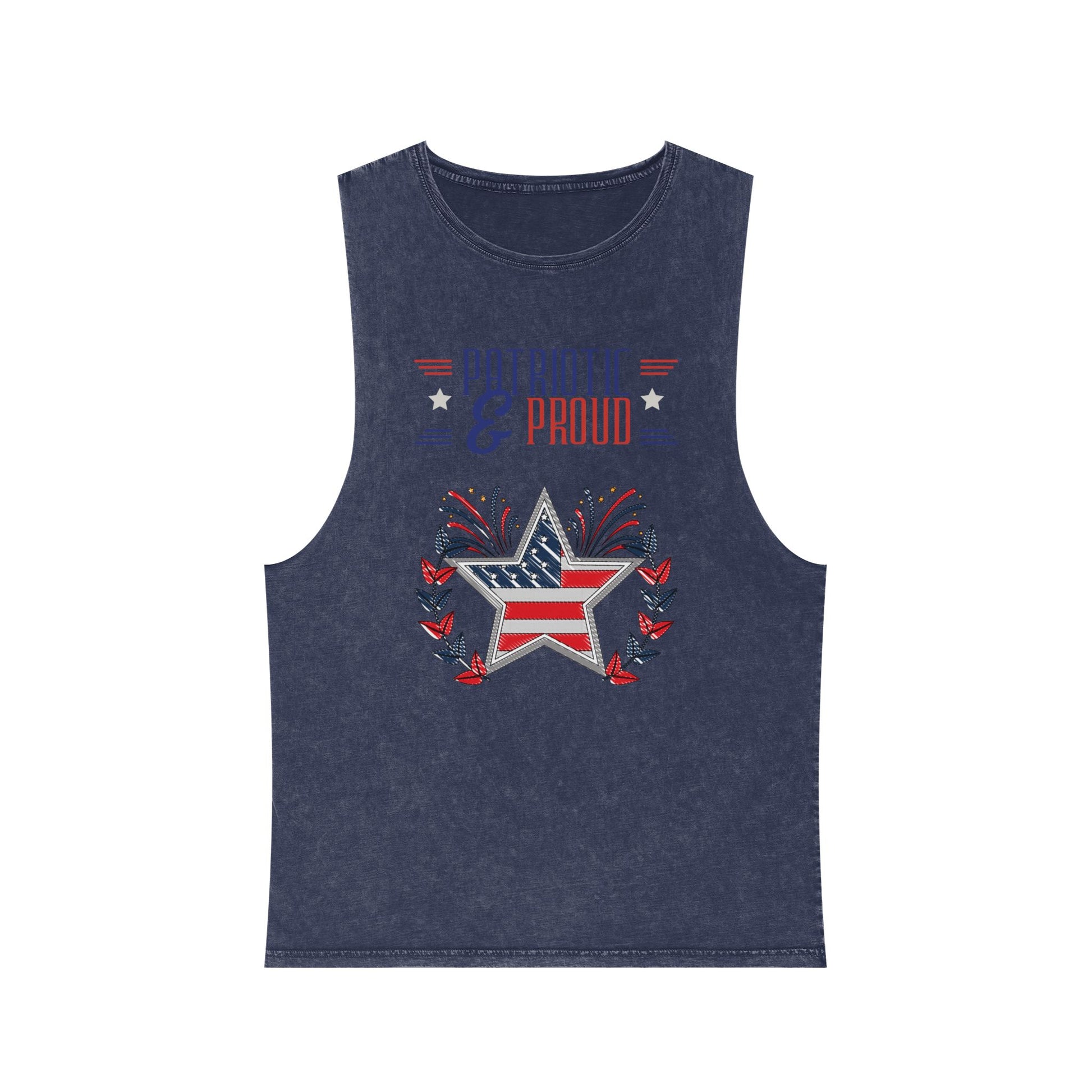 Flatlay of blue stone Patriotic & Proud stonewash tank top featuring USA flag star and fireworks design – stylish vintage patriotic summer apparel.