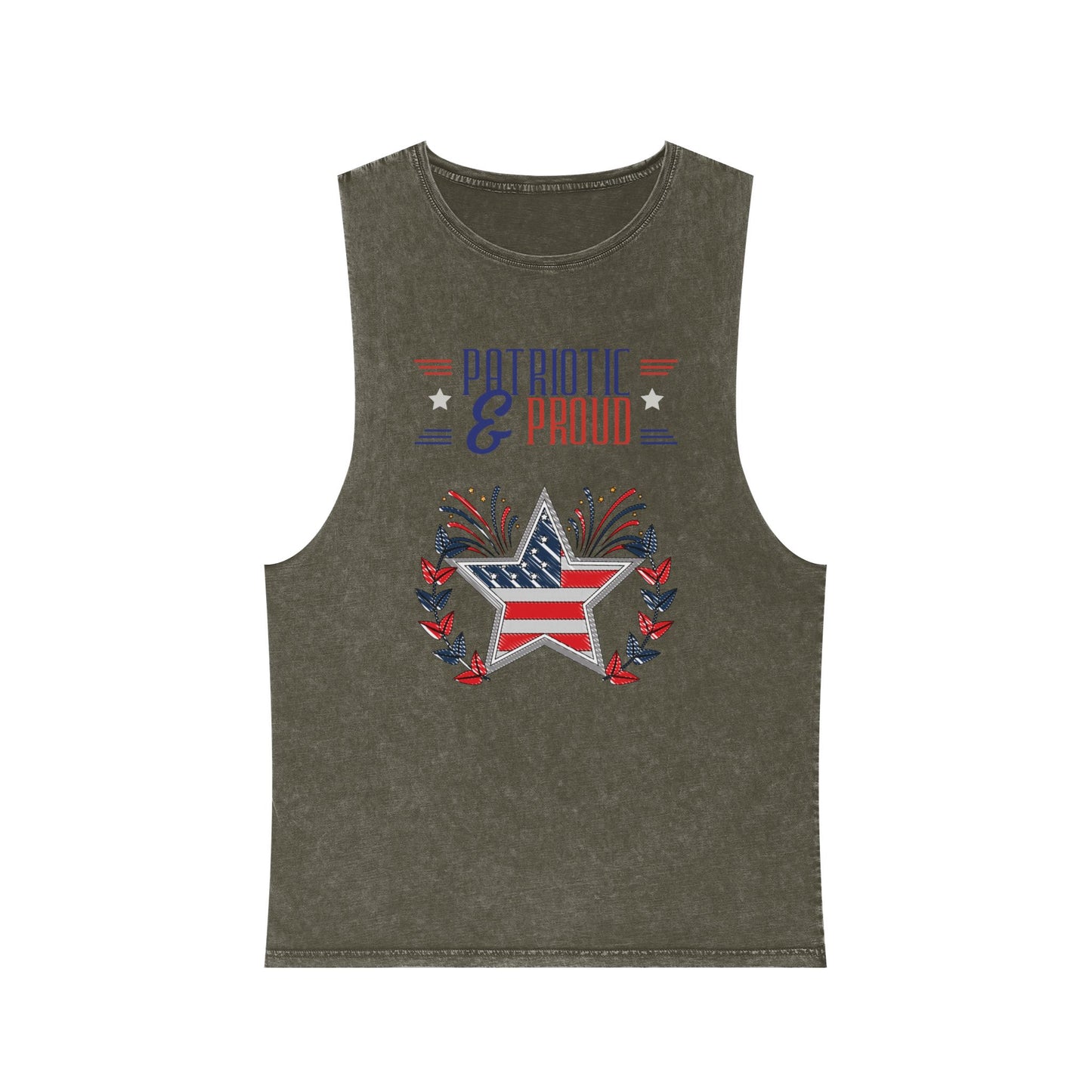 Flatlay of moss stone Patriotic & Proud stonewash tank top featuring USA flag star and fireworks design – stylish vintage patriotic summer apparel.