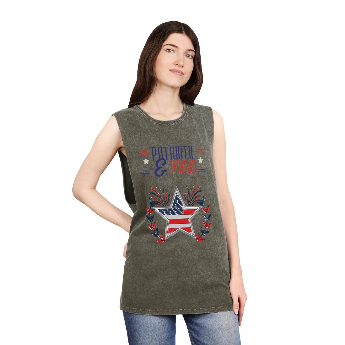 Woman wearing a moss stone Patriotic & Proud Stonewash Tank Top with vintage American flag star design – perfect for 4th of July, BBQs, and summer festivals.