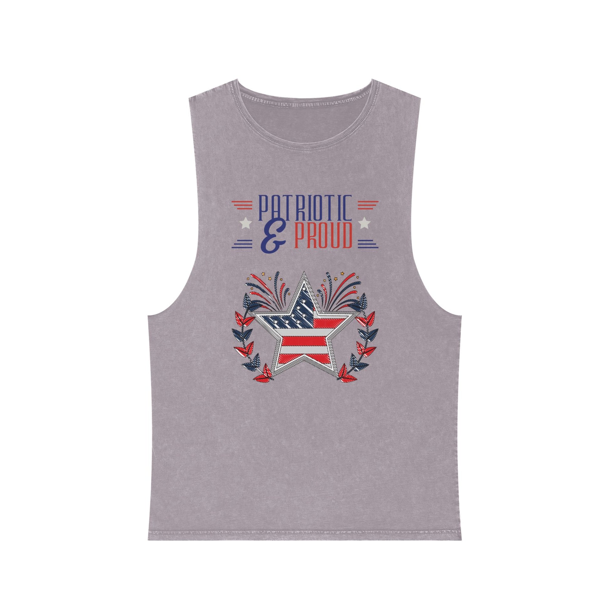 Flatlay of orchid stone Patriotic & Proud stonewash tank top featuring USA flag star and fireworks design – stylish vintage patriotic summer apparel.
