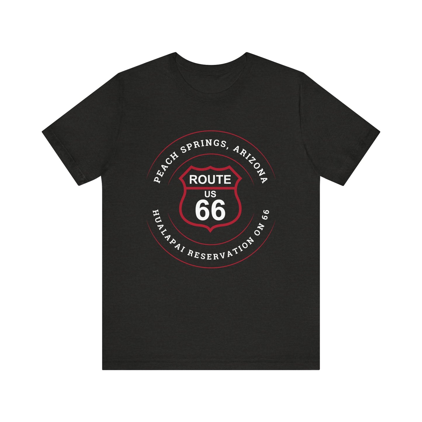 Black heather retro Route 66 unisex jersey tee with Peach Springs, AZ: "Hualapai Reservation on 66" design
