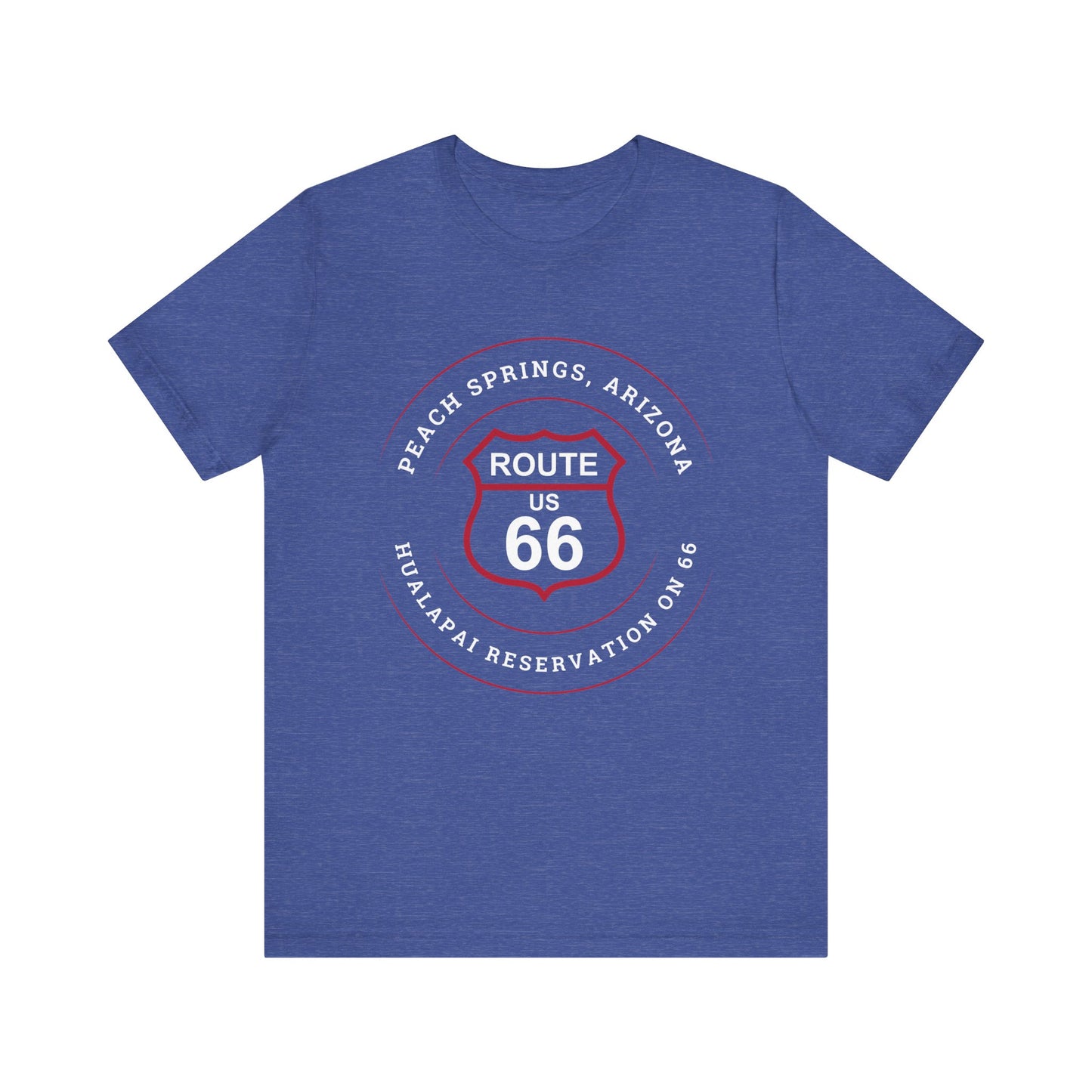 Heather true royal retro Route 66 unisex jersey tee with Peach Springs, AZ: "Hualapai Reservation on 66" design