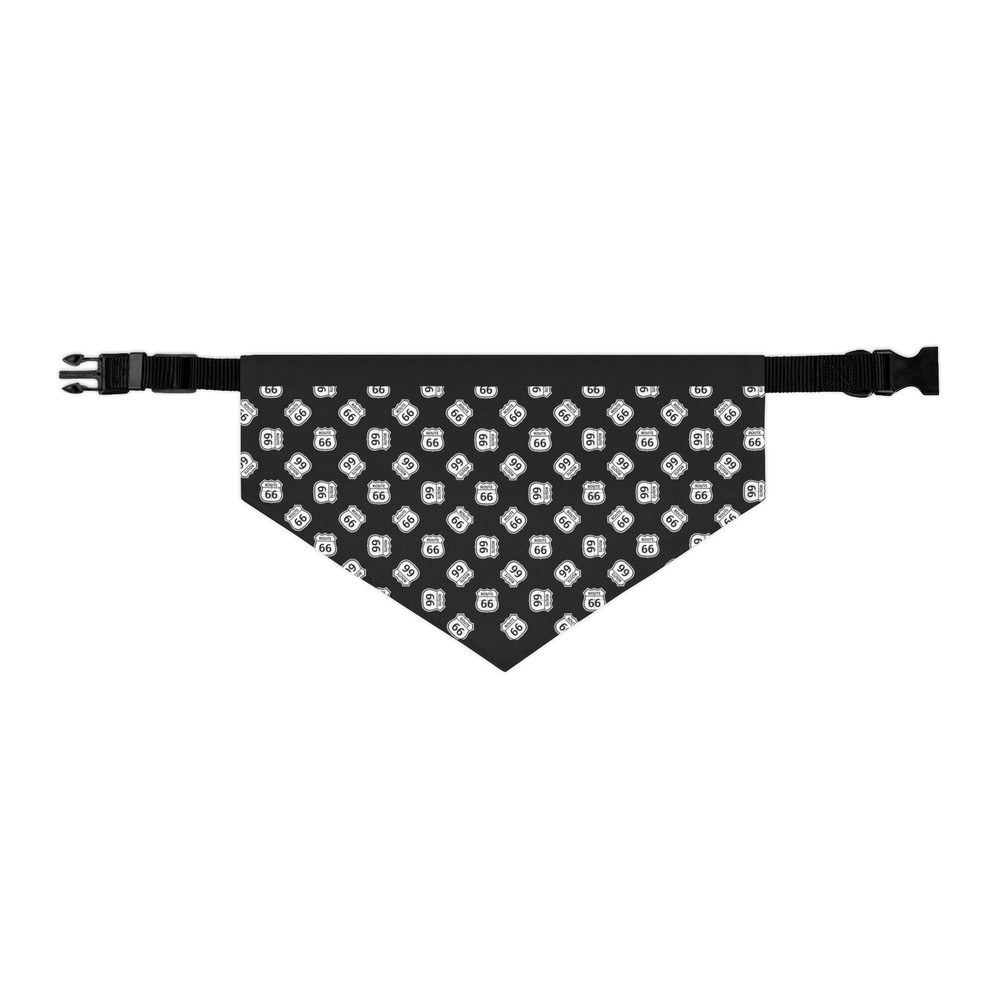 Black adjustable pet bandana collar featuring an all-over Route 66 shield pattern, durable fabric and secure buckle closure