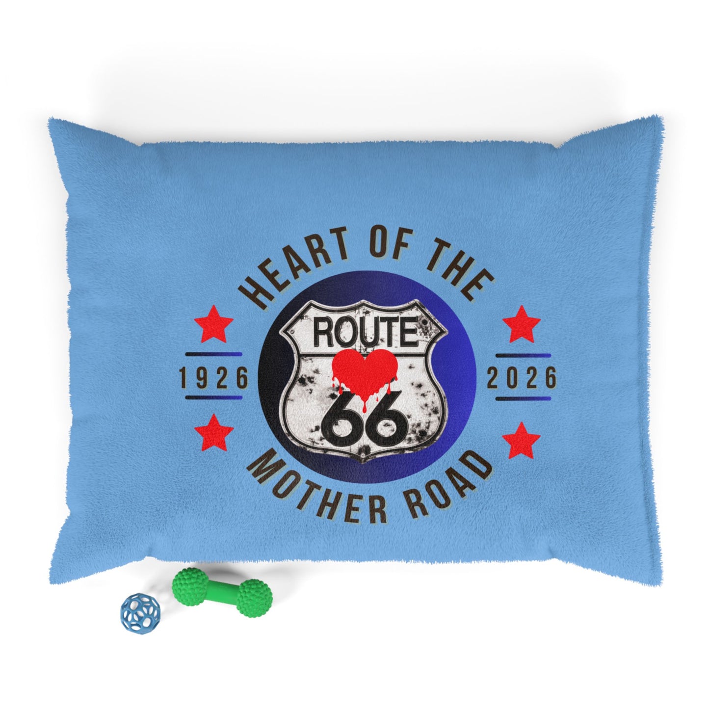 A baby blue Heart of the Mother Road Route 66 pet bed showing plush fleece texture and brown cotton underside