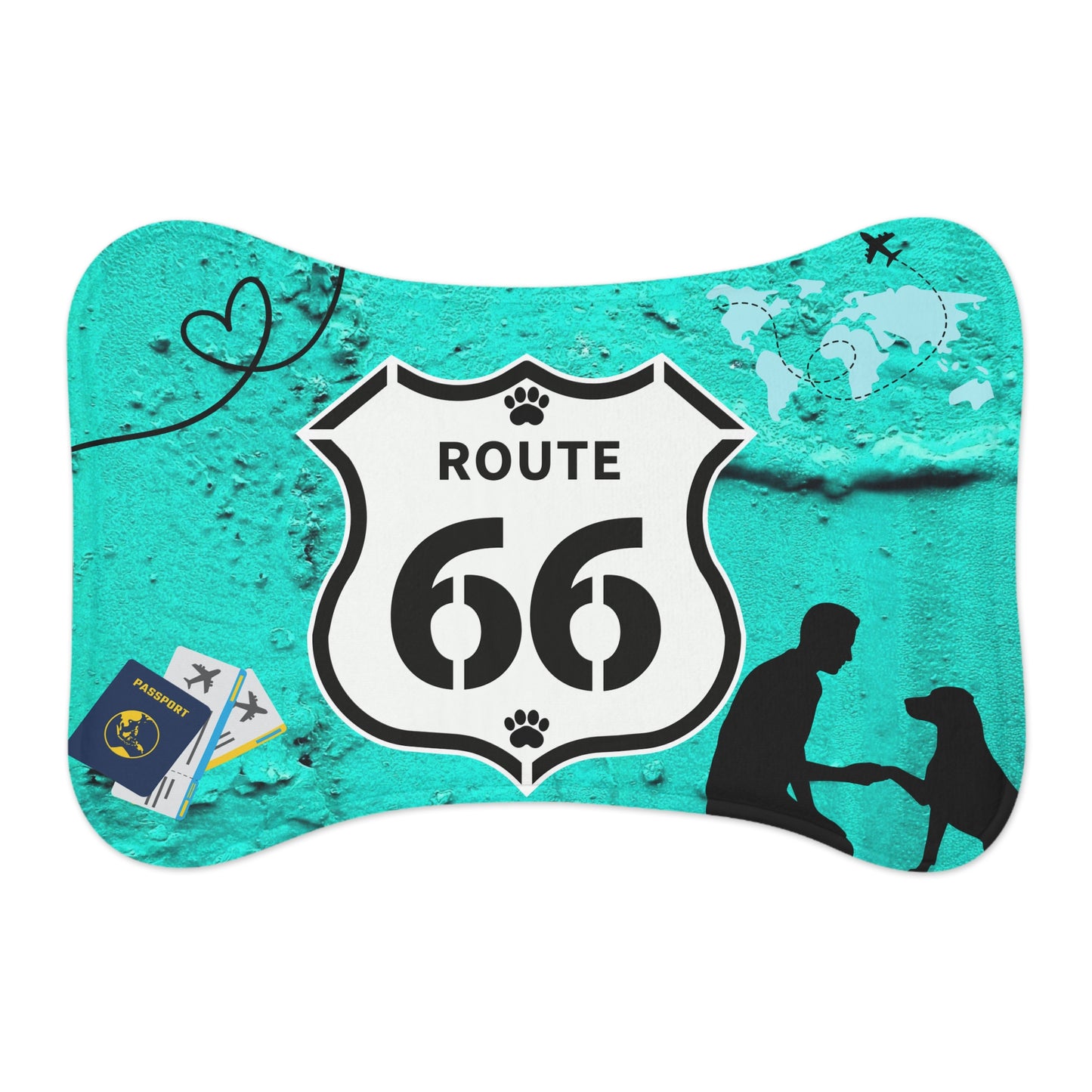 Travel-inspired Route 66 pet feeding mat with map, passport and showcasing the companionship of a human and a dog.