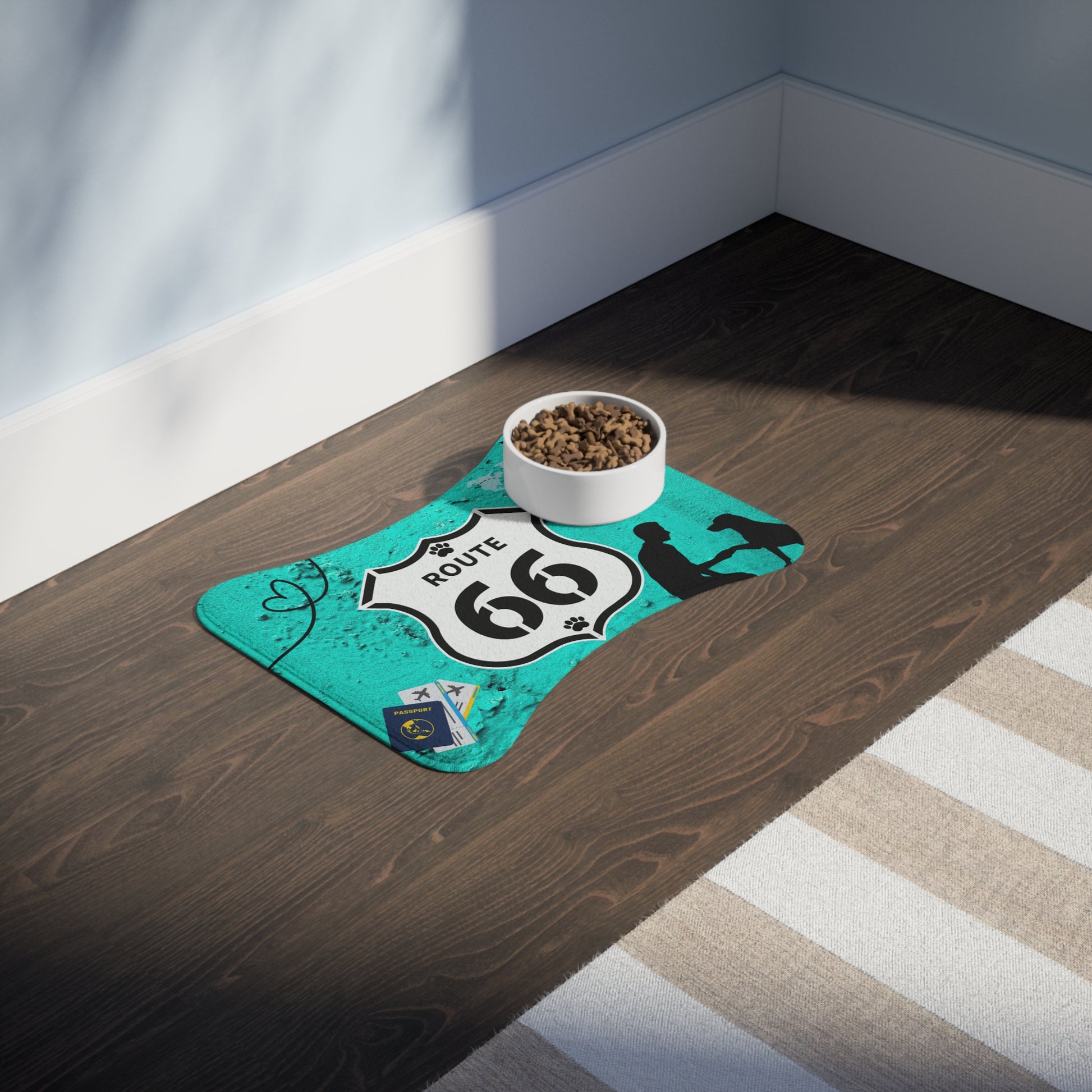 Stylish Route 66 pet feeding mat with food bowl, perfect for dogs and cats.