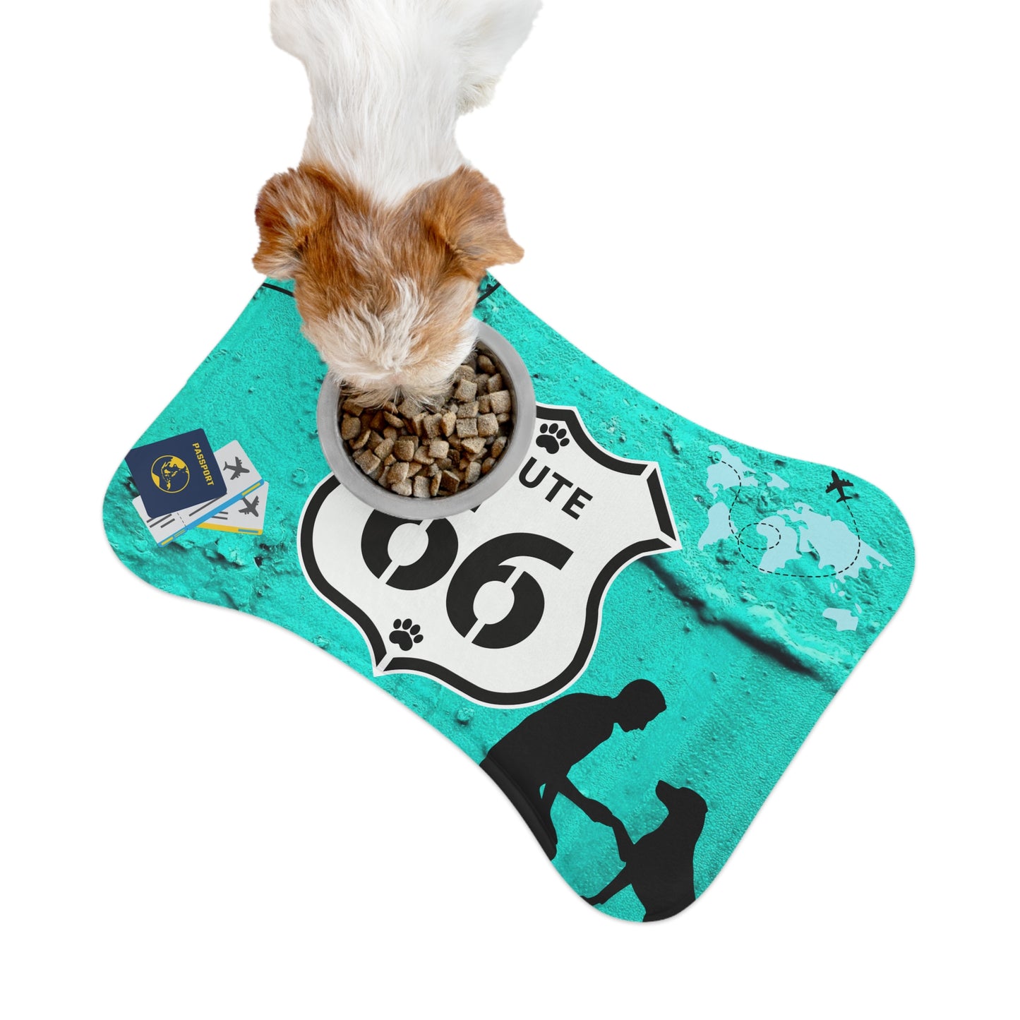Cute dog eating on Route 66 feeding mat with non-slip backing, great pet gift.