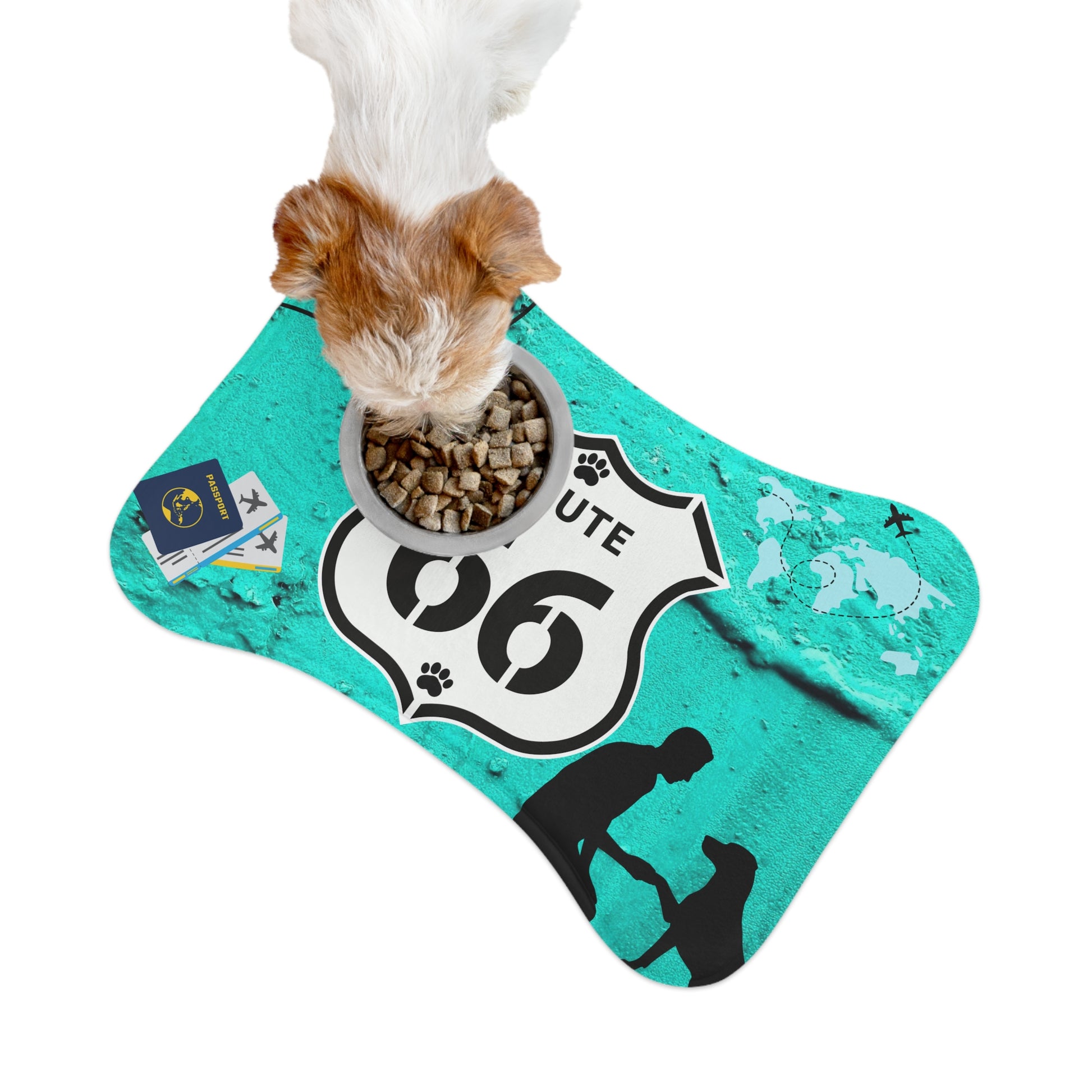 Cute dog eating on Route 66 feeding mat with non-slip backing, great pet gift.