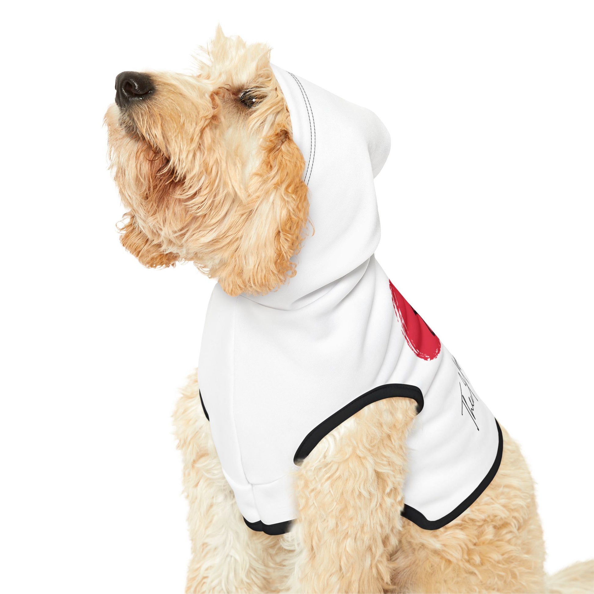 Goldendoodle in a white Route 66 pet hoodie with black ribbed trim and a large red heart design, with a Route 66 shield inside the heart and text that reads "The Heart of Route 66."