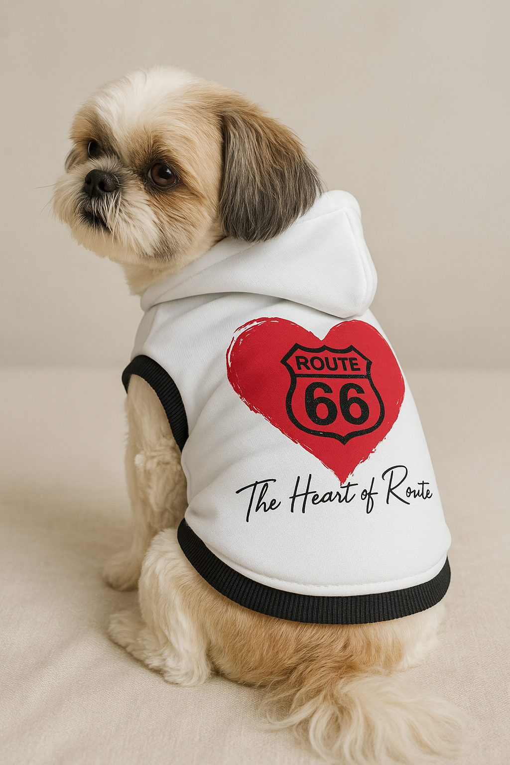 Shih Tzu sitting and looking over its shoulder in a white Route 66 pet hoodie with a large red heart, a Route 66 shield and text that reads "The Heart of Route 66."