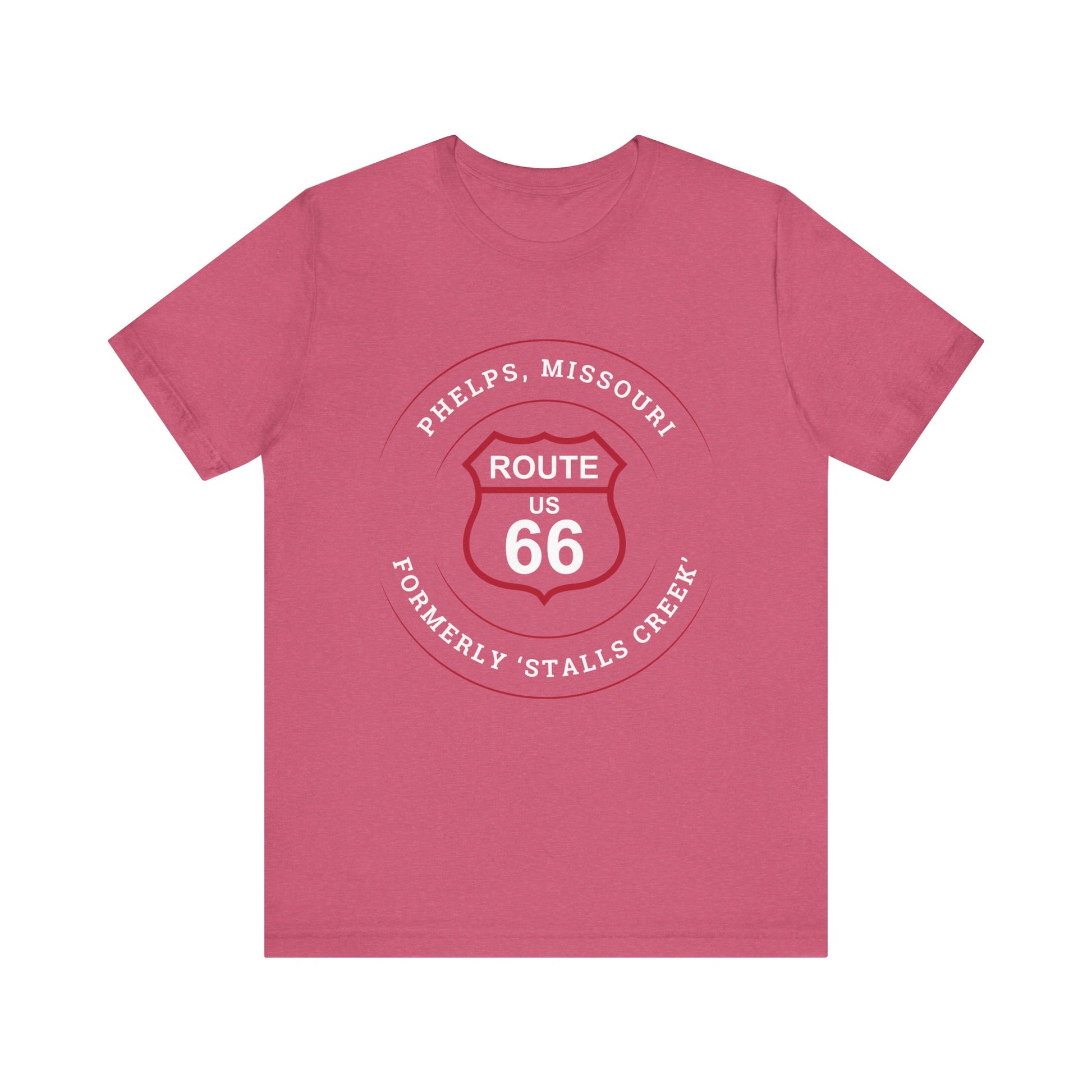Heather raspberry retro Route 66 unisex jersey tee with Phelps, MO "A Small Ozarks Village" design