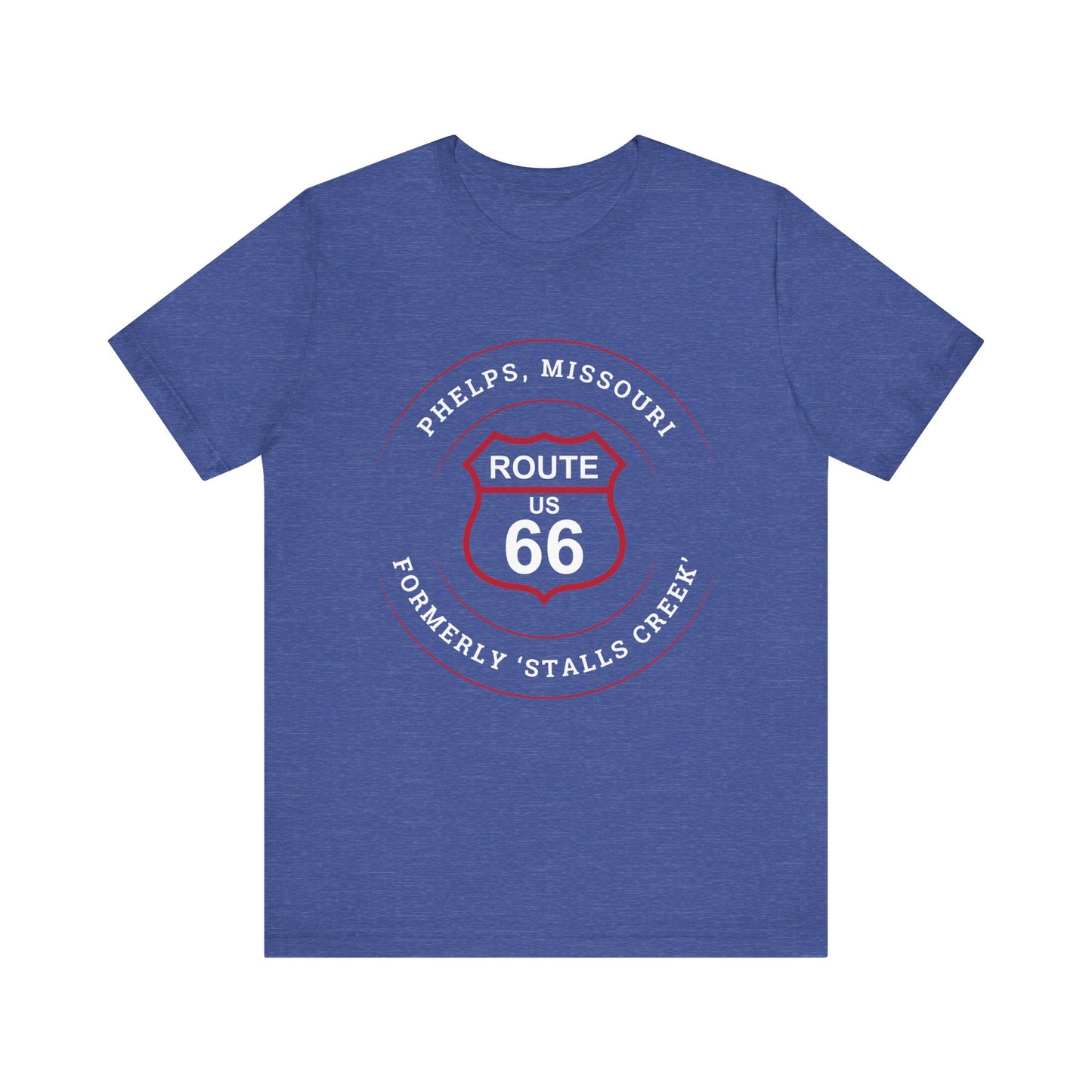 Heather true royal retro Route 66 unisex jersey tee with Phelps, MO "A Small Ozarks Village" design
