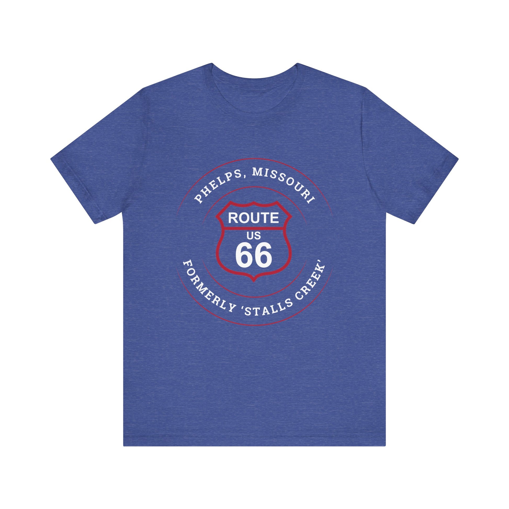 Heather true royal retro Route 66 unisex jersey tee with Phelps, MO "A Small Ozarks Village" design