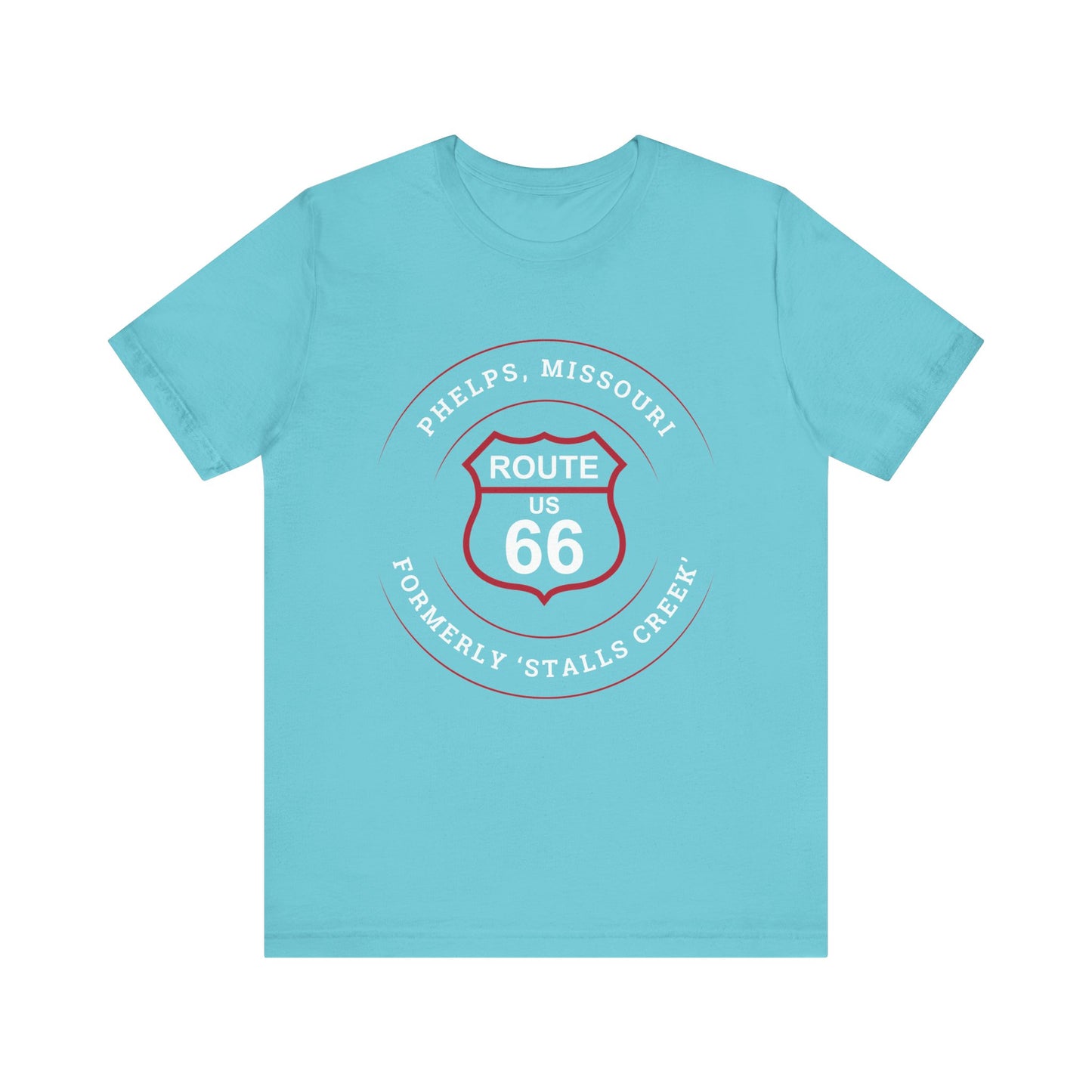 Turquoise retro Route 66 unisex jersey tee with Phelps, MO "A Small Ozarks Village" design