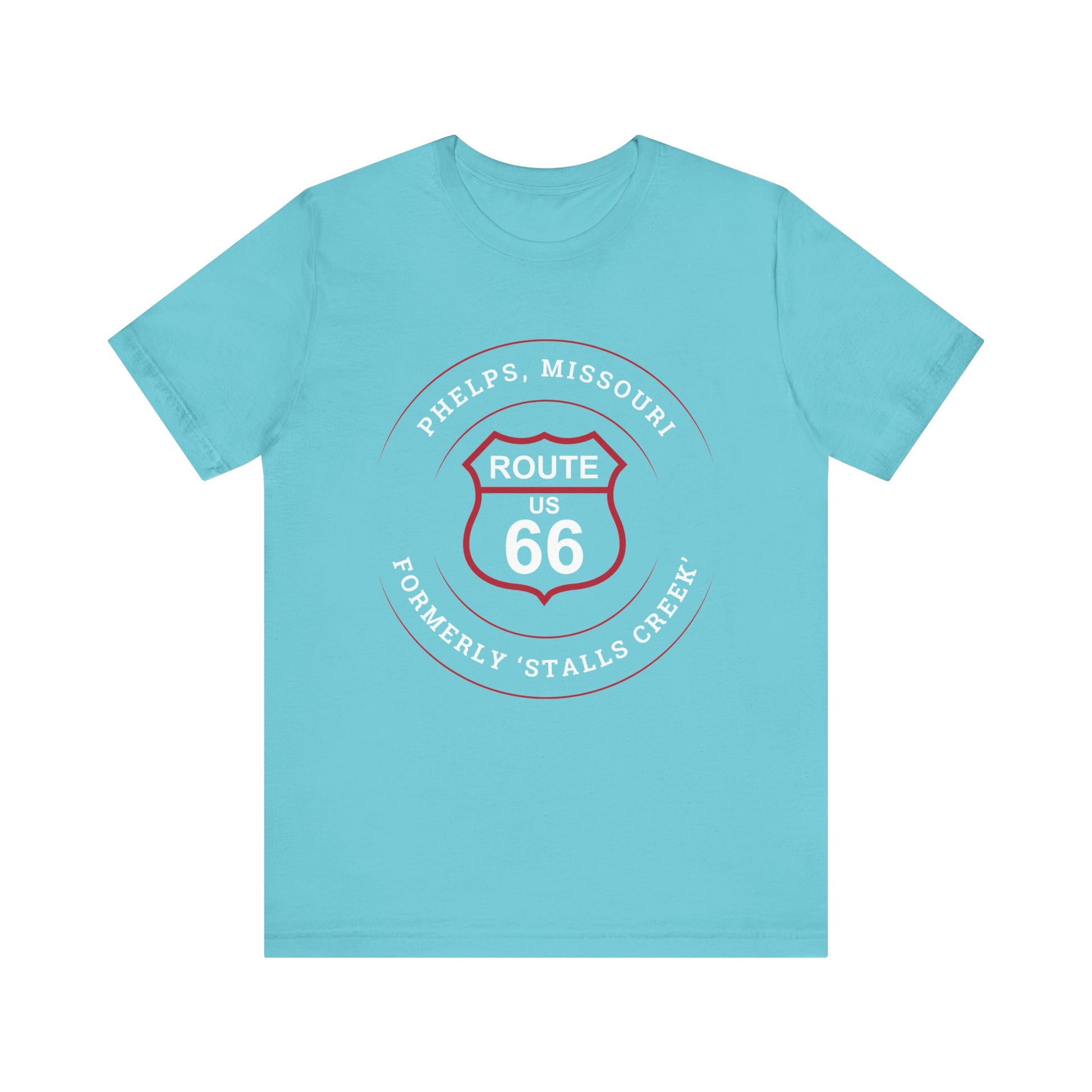 Turquoise retro Route 66 unisex jersey tee with Phelps, MO "A Small Ozarks Village" design
