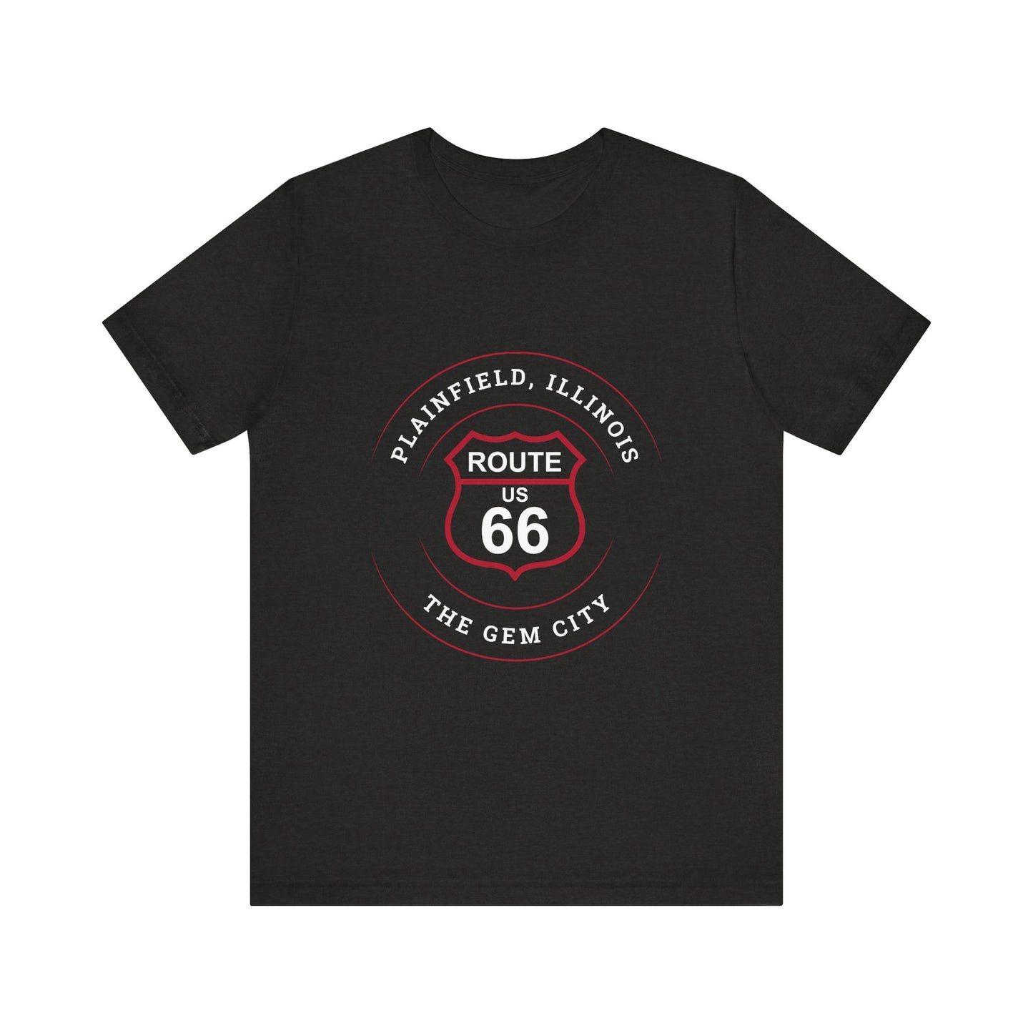 Black heather retro Route 66 unisex jersey tee with Plainfield, IL: "The Gem City" design
