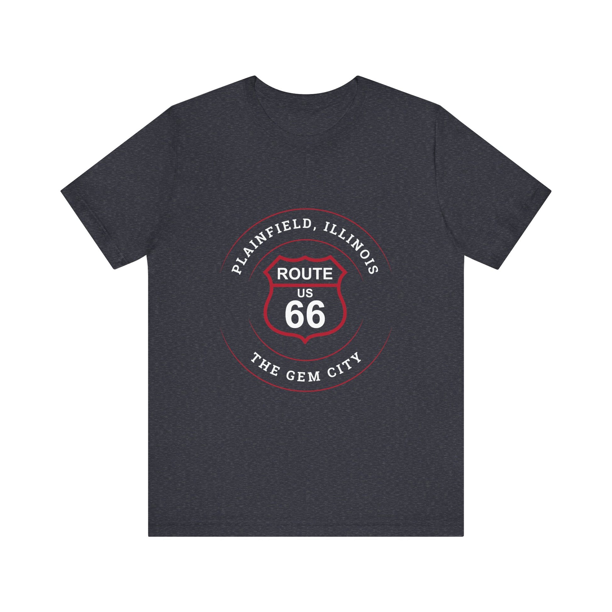 Heather navy retro Route 66 unisex jersey tee with Plainfield, IL: "The Gem City" design