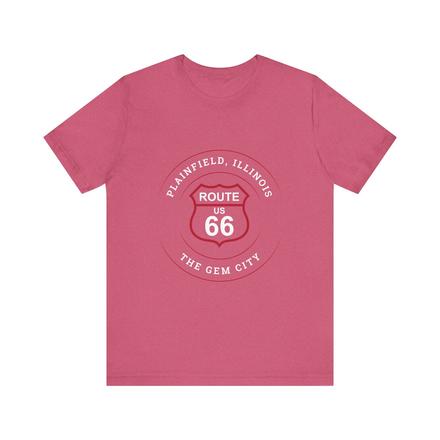 Heather raspberry retro Route 66 unisex jersey tee with Plainfield, IL: "The Gem City" design
