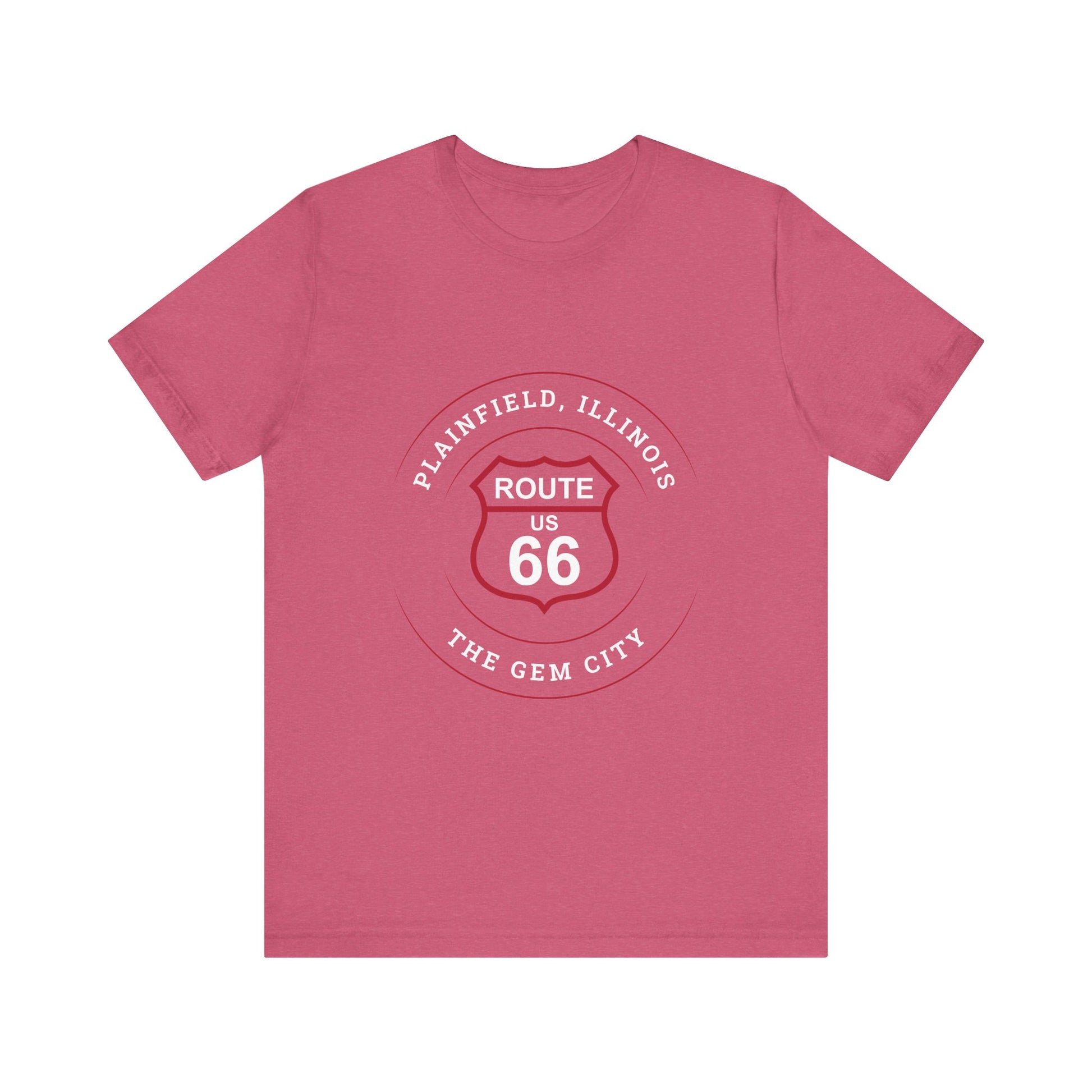 Heather raspberry retro Route 66 unisex jersey tee with Plainfield, IL: "The Gem City" design