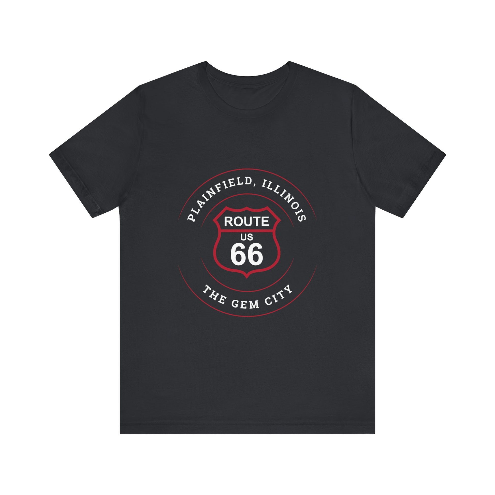 Vintage black retro Route 66 unisex jersey tee with Plainfield, IL: "The Gem City" design
