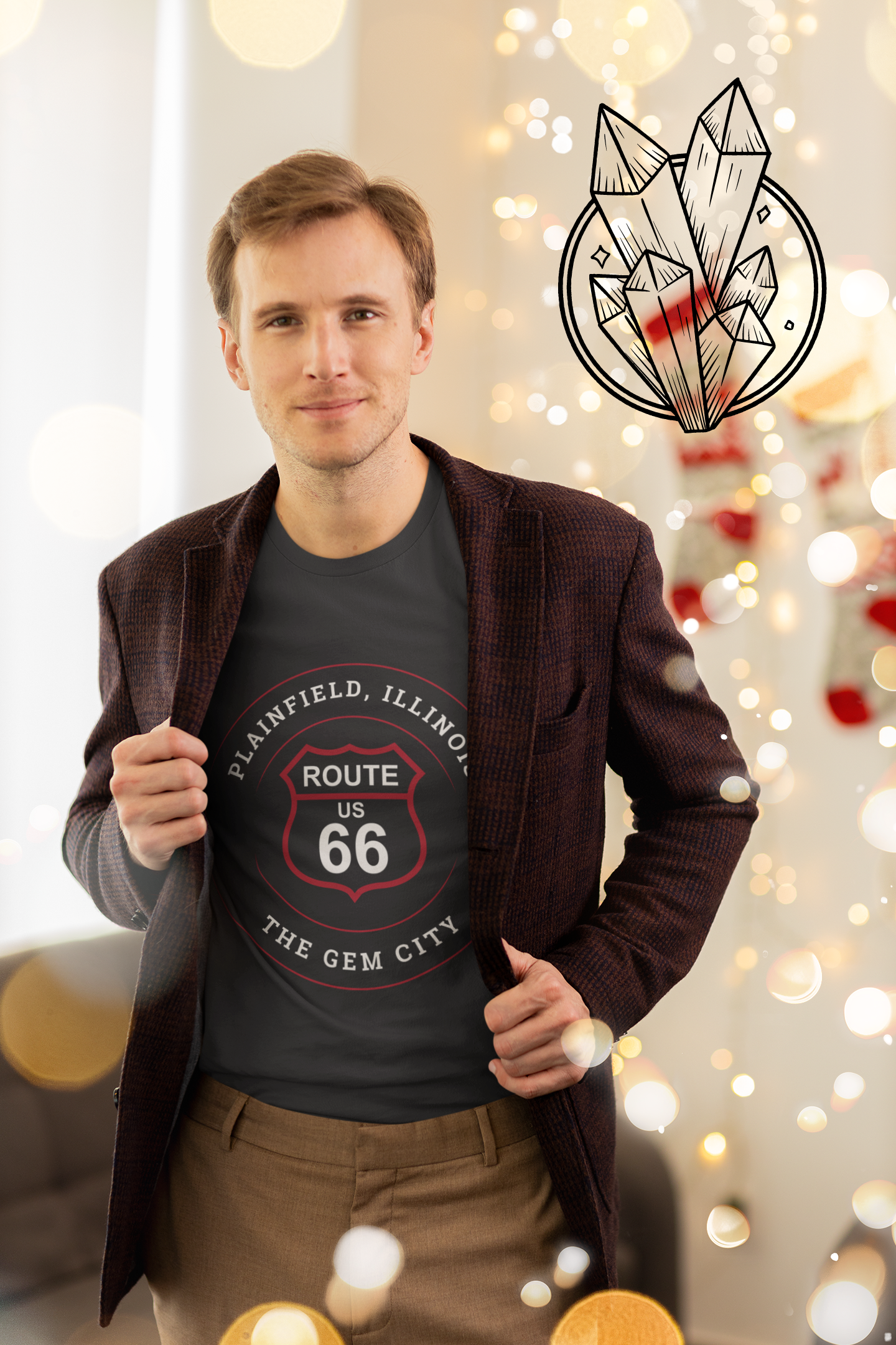 Female model wearing a vintage black retro Route 66 unisex jersey tee with a Plainfield, IL: "The Gem City" design