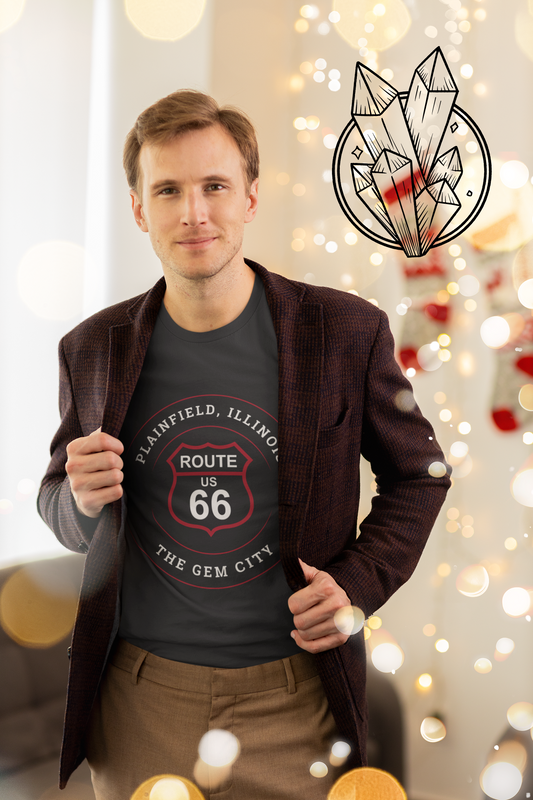 Female model wearing a vintage black retro Route 66 unisex jersey tee with a Plainfield, IL: "The Gem City" design