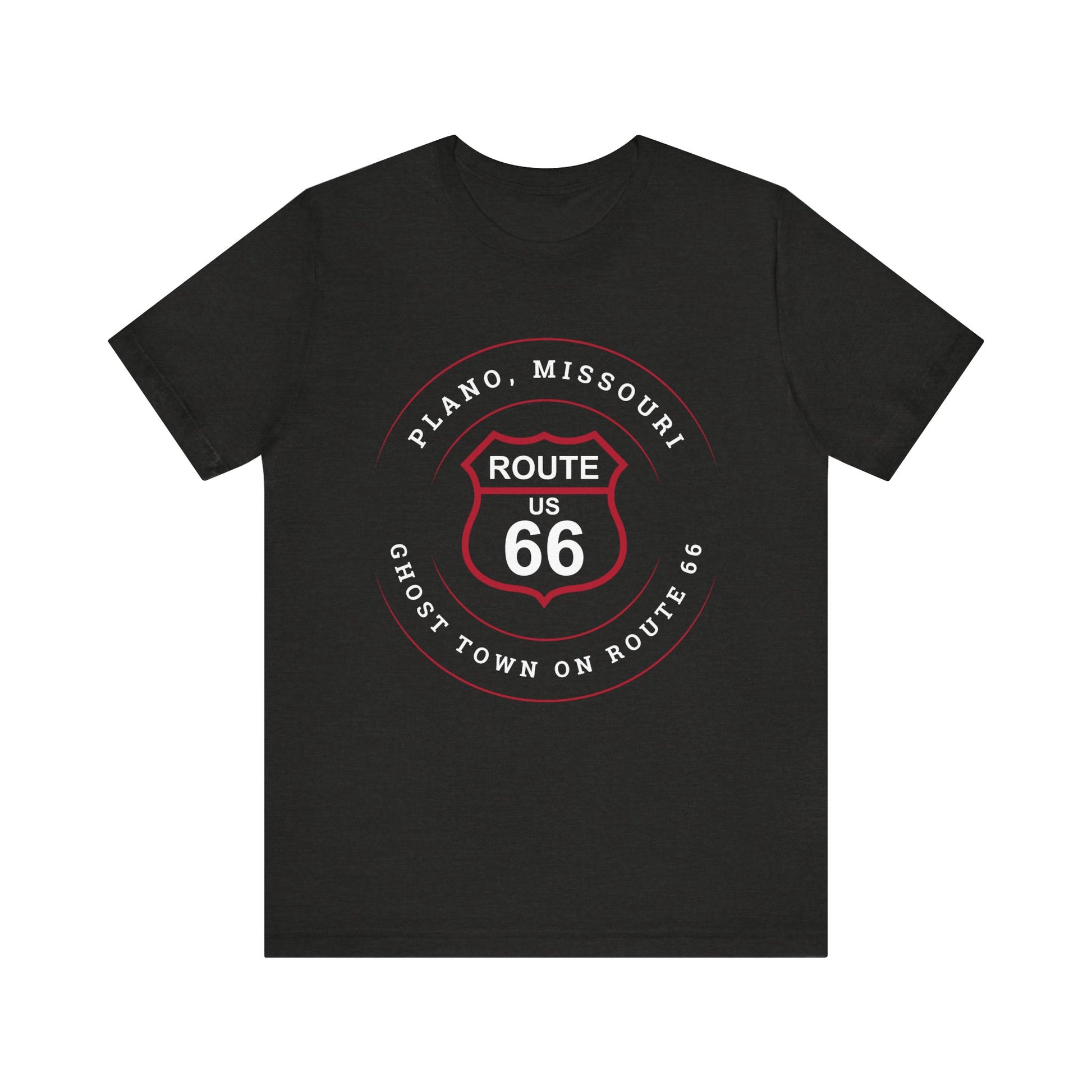 Black heather retro Route 66 unisex jersey tee with Plano, MO "Ghost Town on Route 66" design