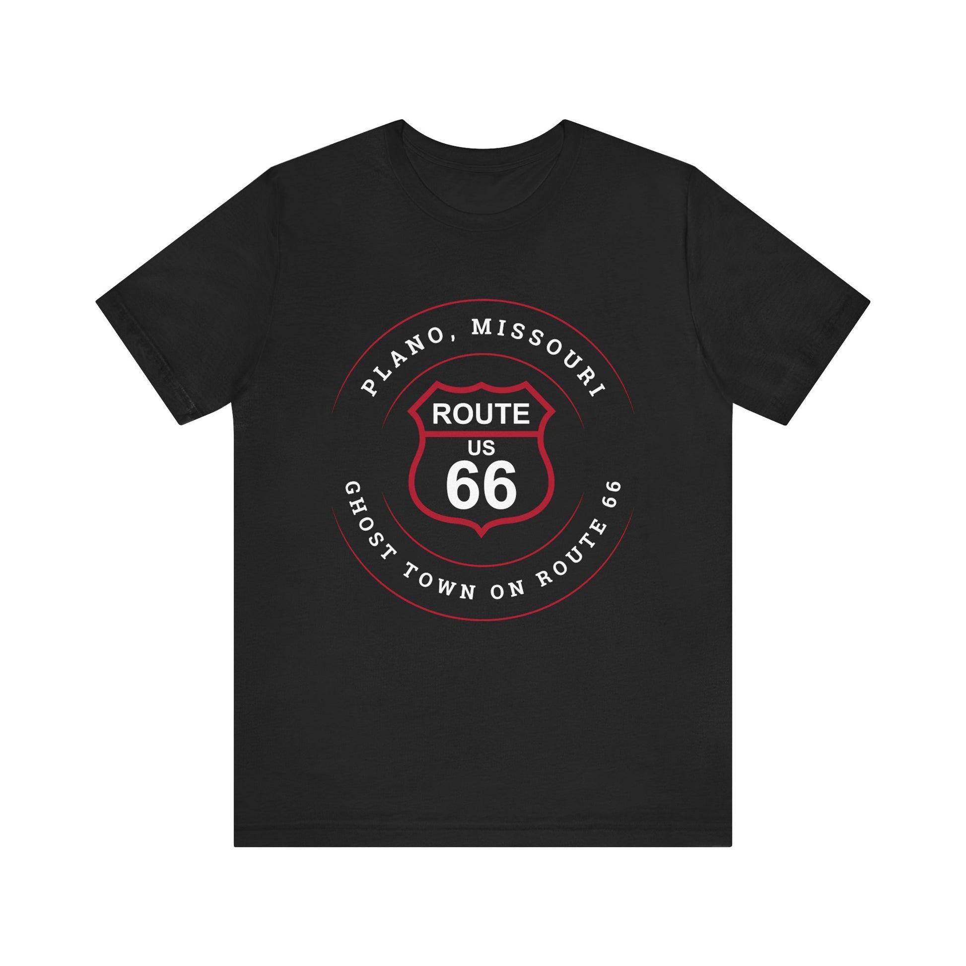Black retro Route 66 unisex jersey tee with Plano, MO "Ghost Town on Route 66" design