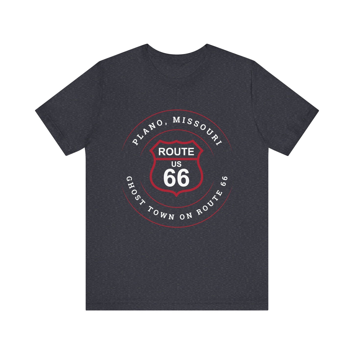 Heather navy retro Route 66 unisex jersey tee with Plano, MO "Ghost Town on Route 66" design