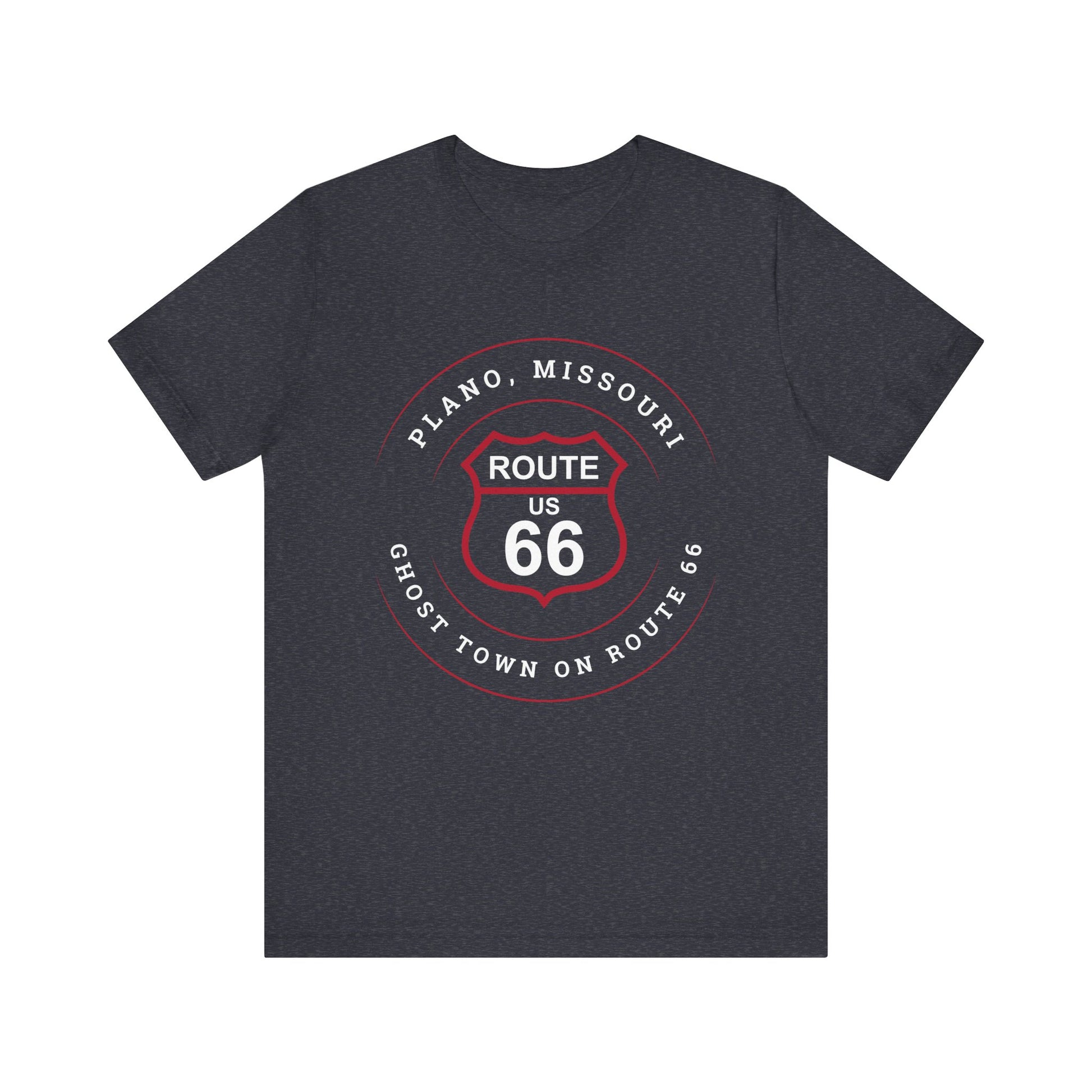 Heather navy retro Route 66 unisex jersey tee with Plano, MO "Ghost Town on Route 66" design