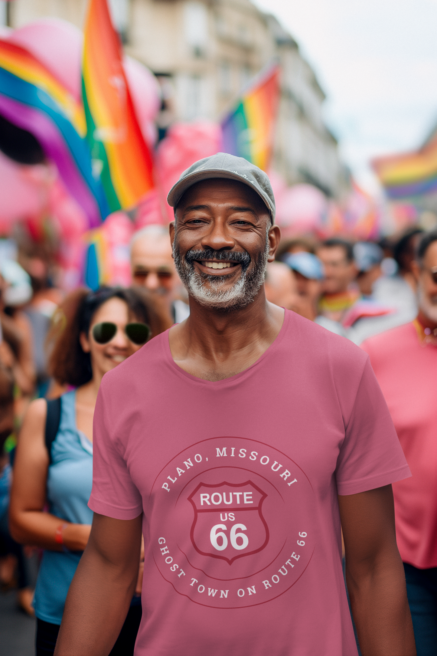 Male model wearing a heather raspberry retro Route 66 unisex jersey tee with a Plano, MO "Ghost Town on Route 66" design