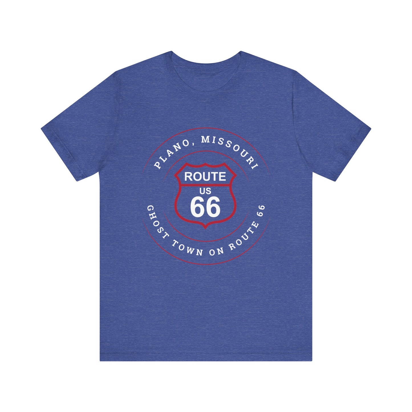 Heather true royal retro Route 66 unisex jersey tee with Plano, MO "Ghost Town on Route 66" design