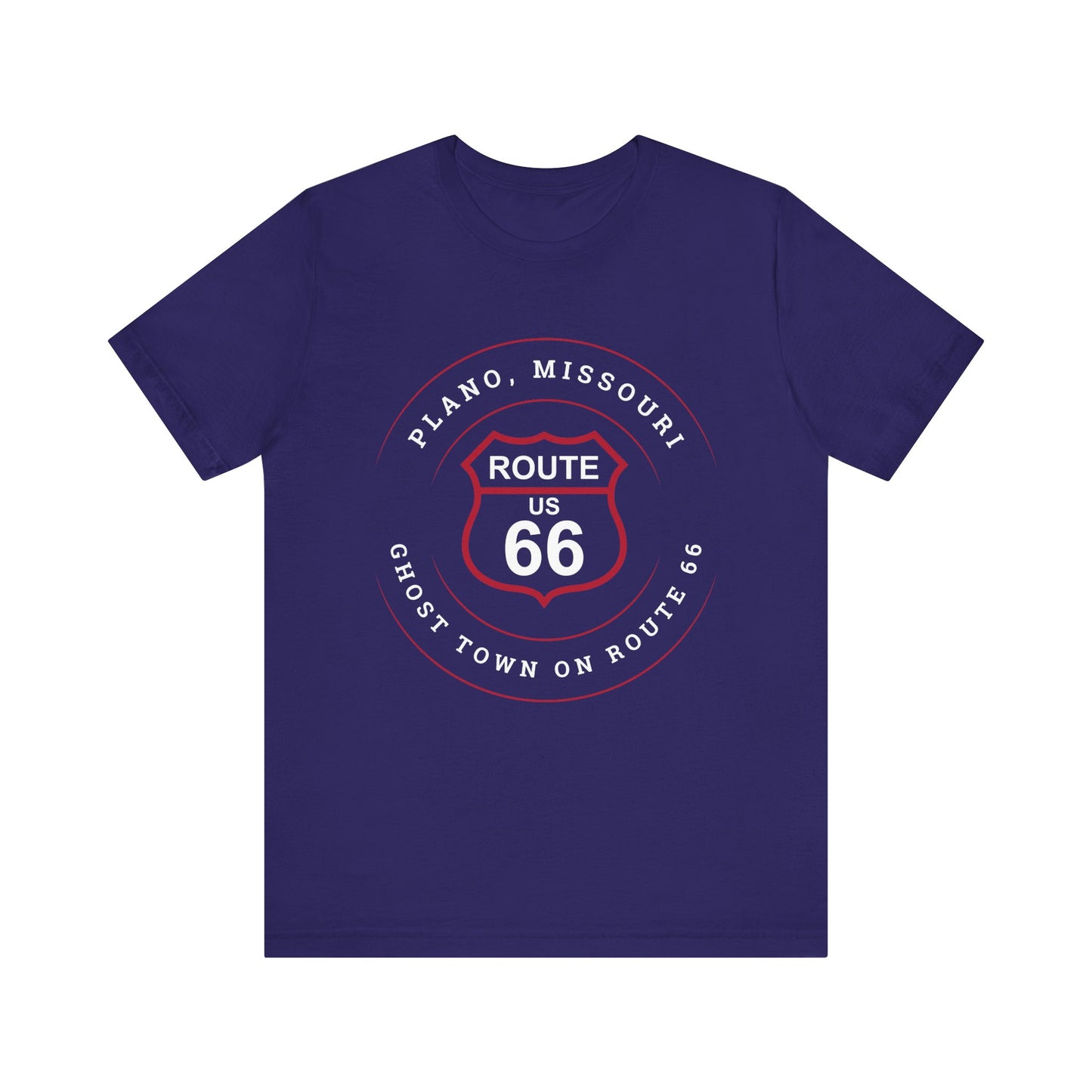 Team navy retro Route 66 unisex jersey tee with Plano, MO "Ghost Town on Route 66" design