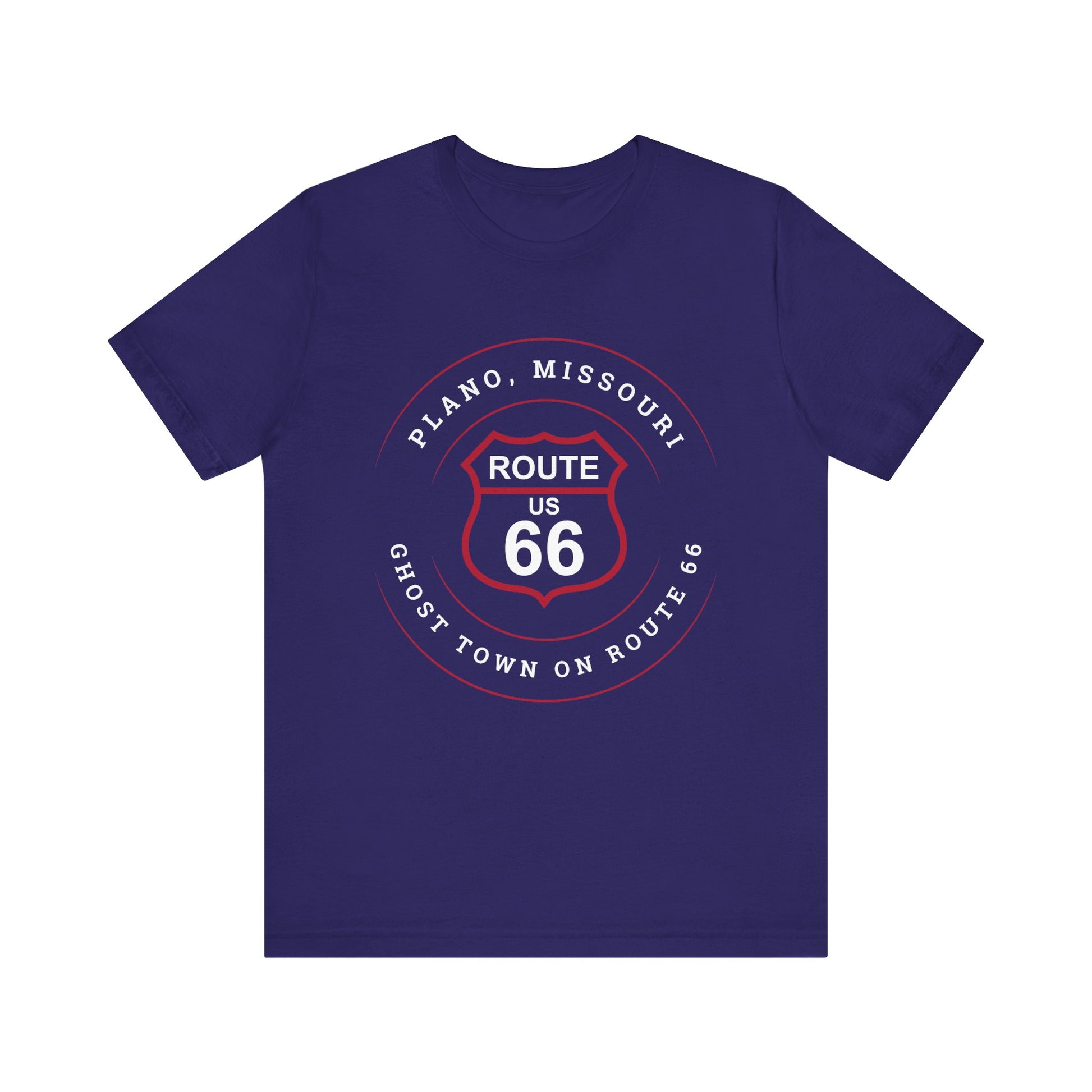 Team navy retro Route 66 unisex jersey tee with Plano, MO "Ghost Town on Route 66" design